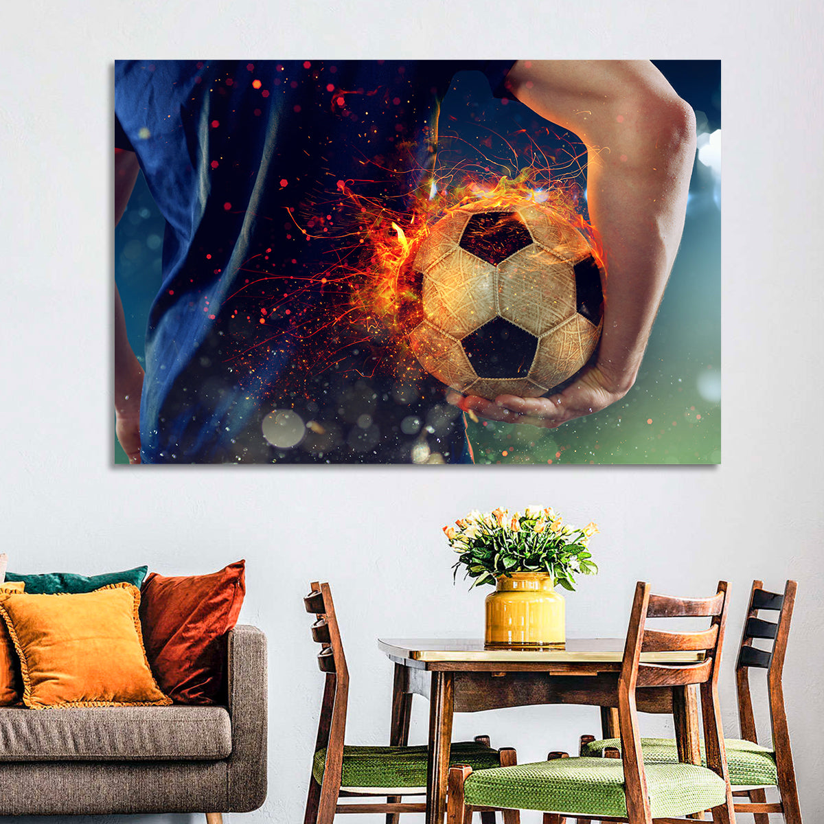 Fiery Soccer Ball and Blue Jersey Player Wall Art in a room, landscape