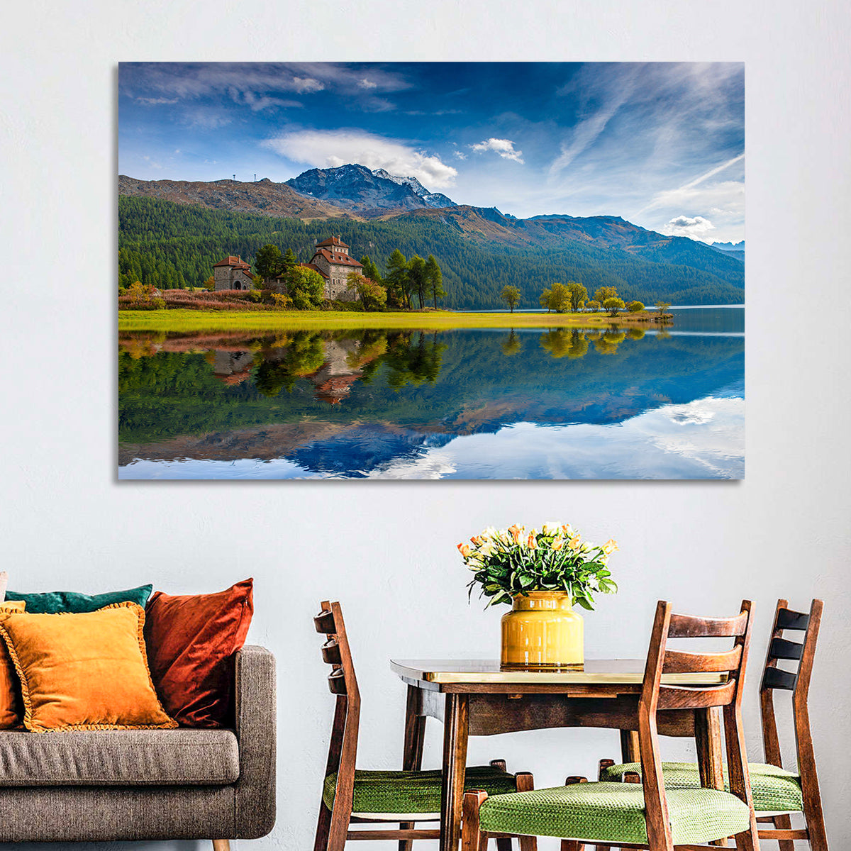 Lake Silvaplana with Crap Da Sass Wall Art in a room, landscape