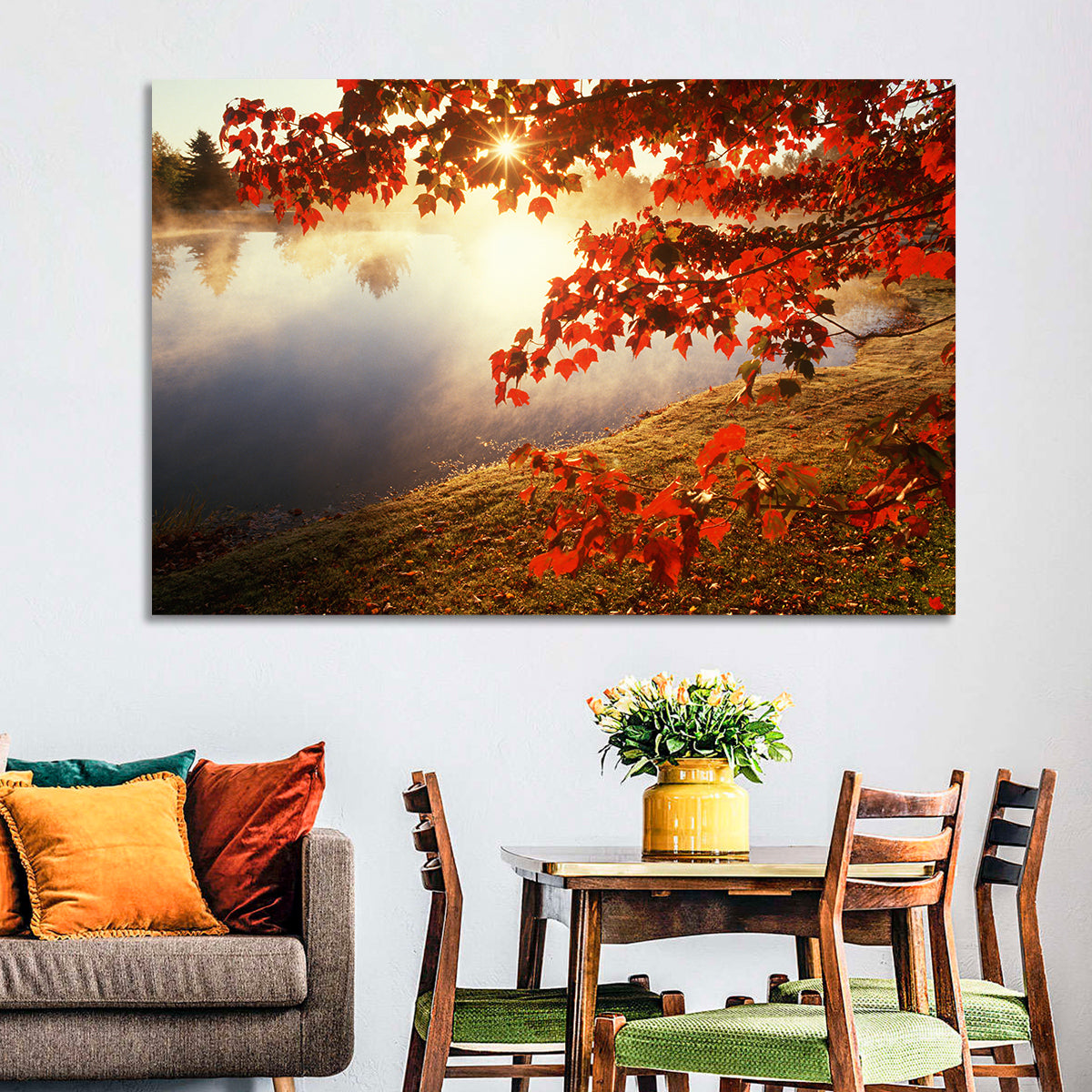 Autumn Pond Sunrise Connecticut Wall Art in a room, landscape