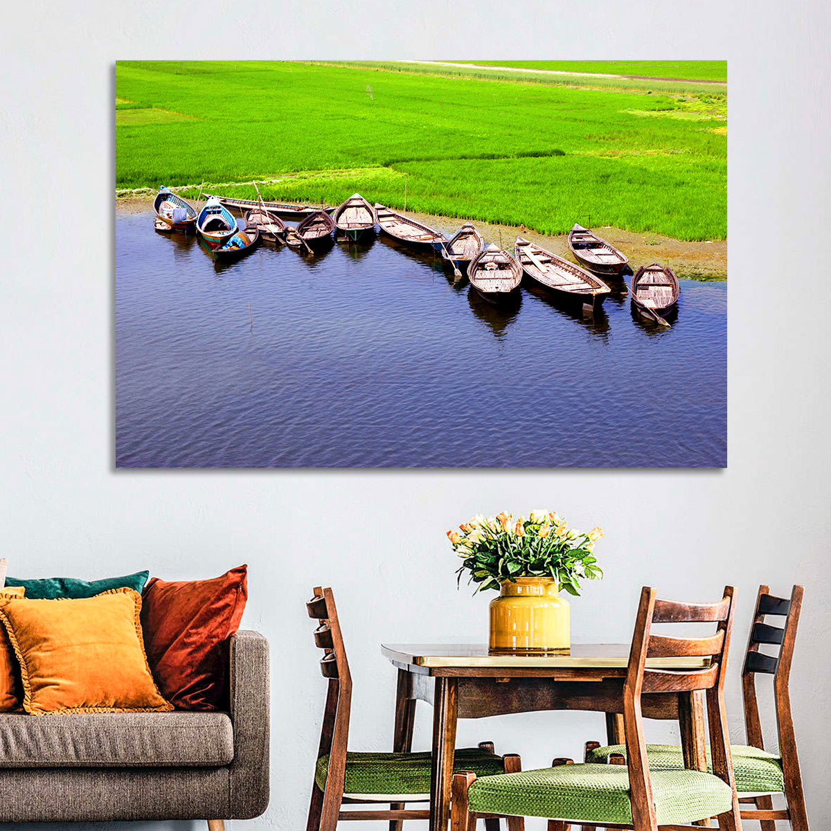 Boats at the Shoreline Wall Art in a room, landscape