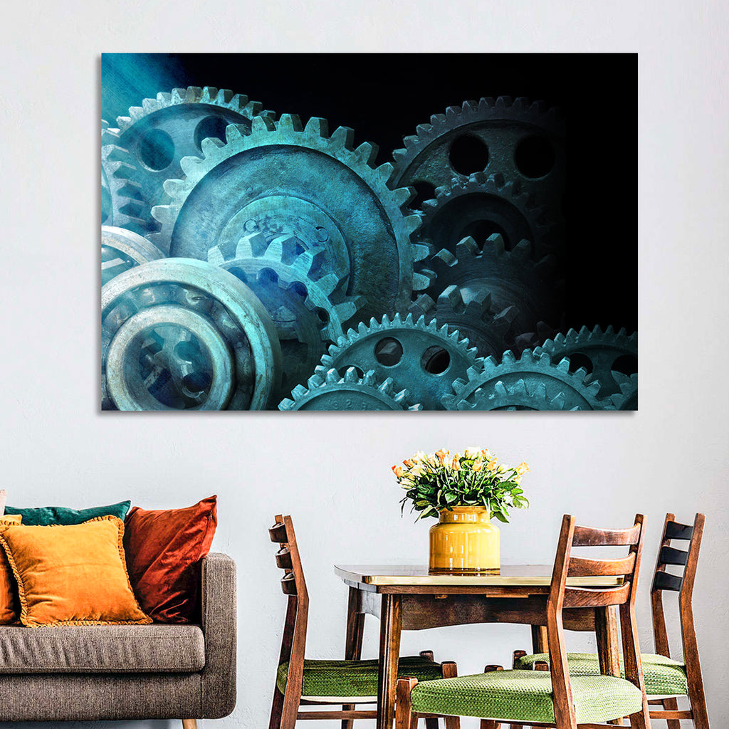 Teal and Steel Cogwheel Close-up Wall Art