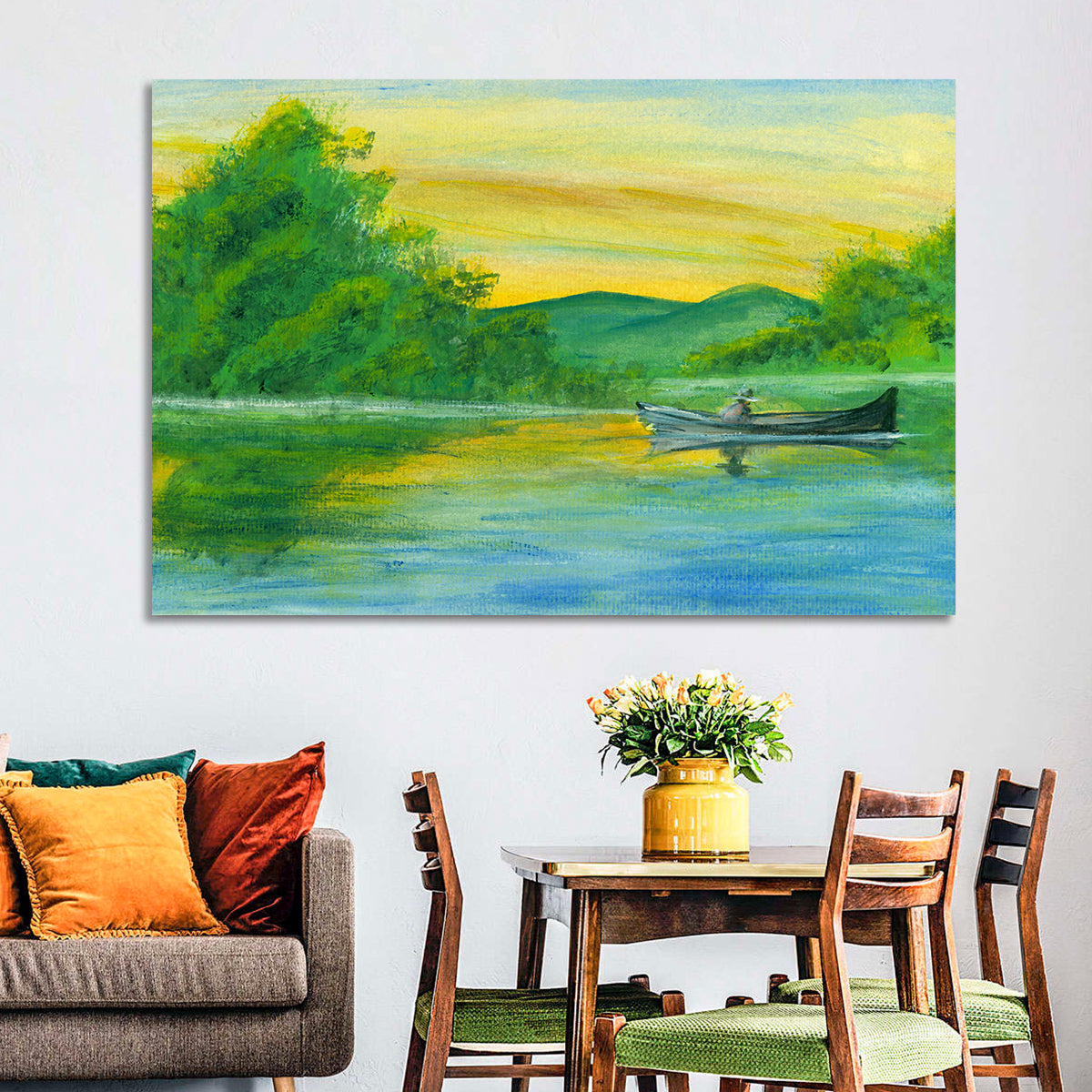 Rowboat on Serene Lake Watercolor Wall Art in a room, landscape
