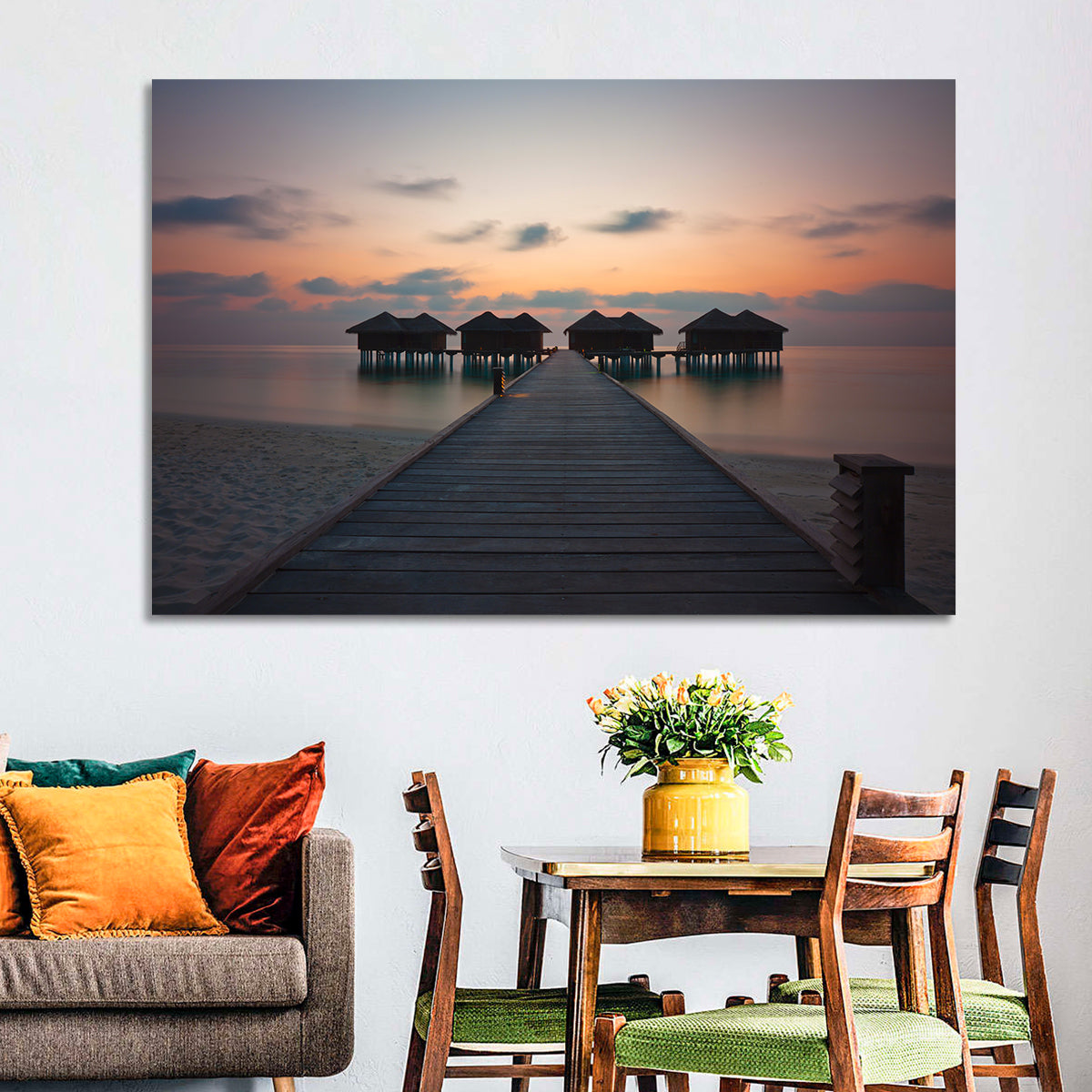 Overwater Bungalows at Sunset Wall Art in a room, landscape