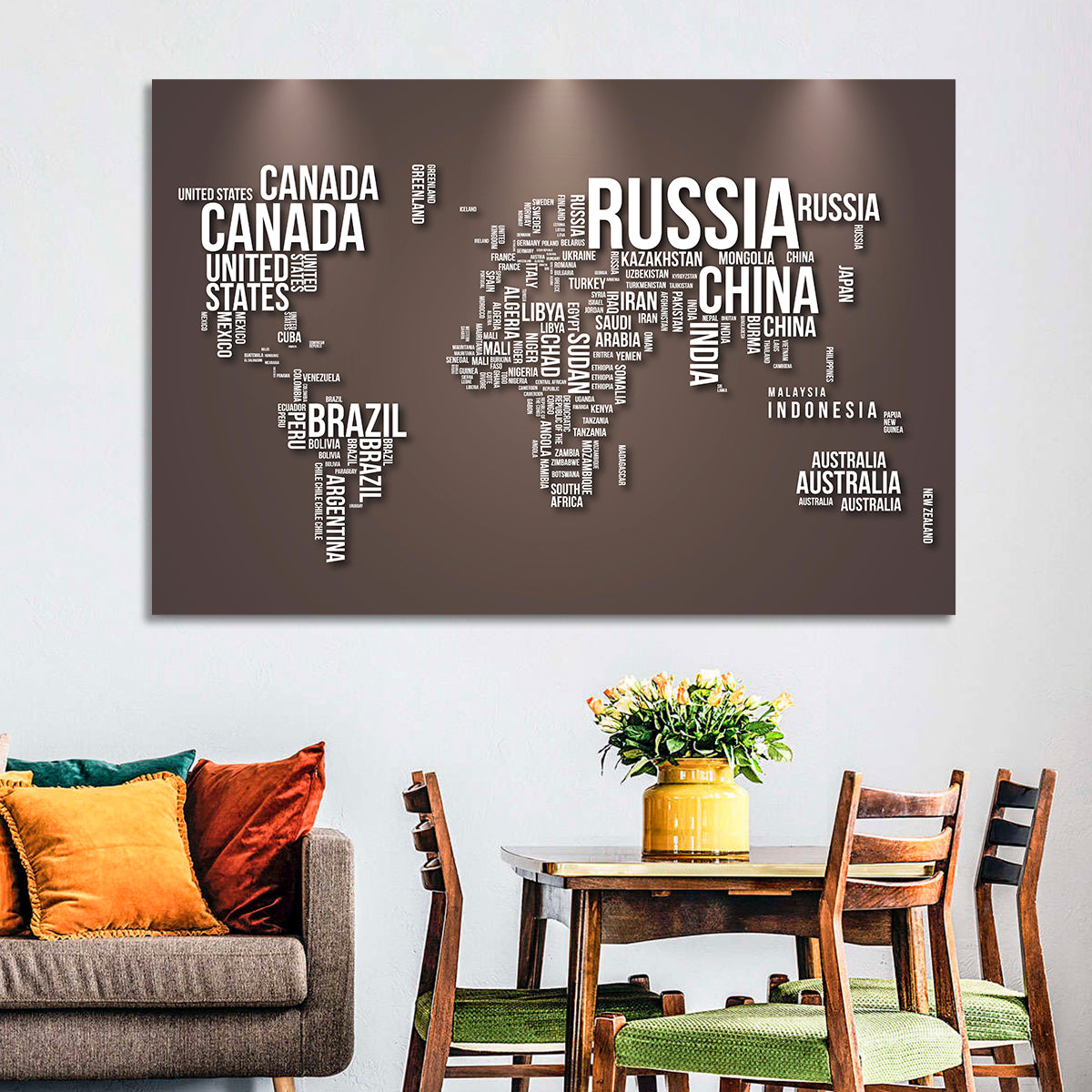 World Map Typography in Brown and White Wall Art in a room, landscape