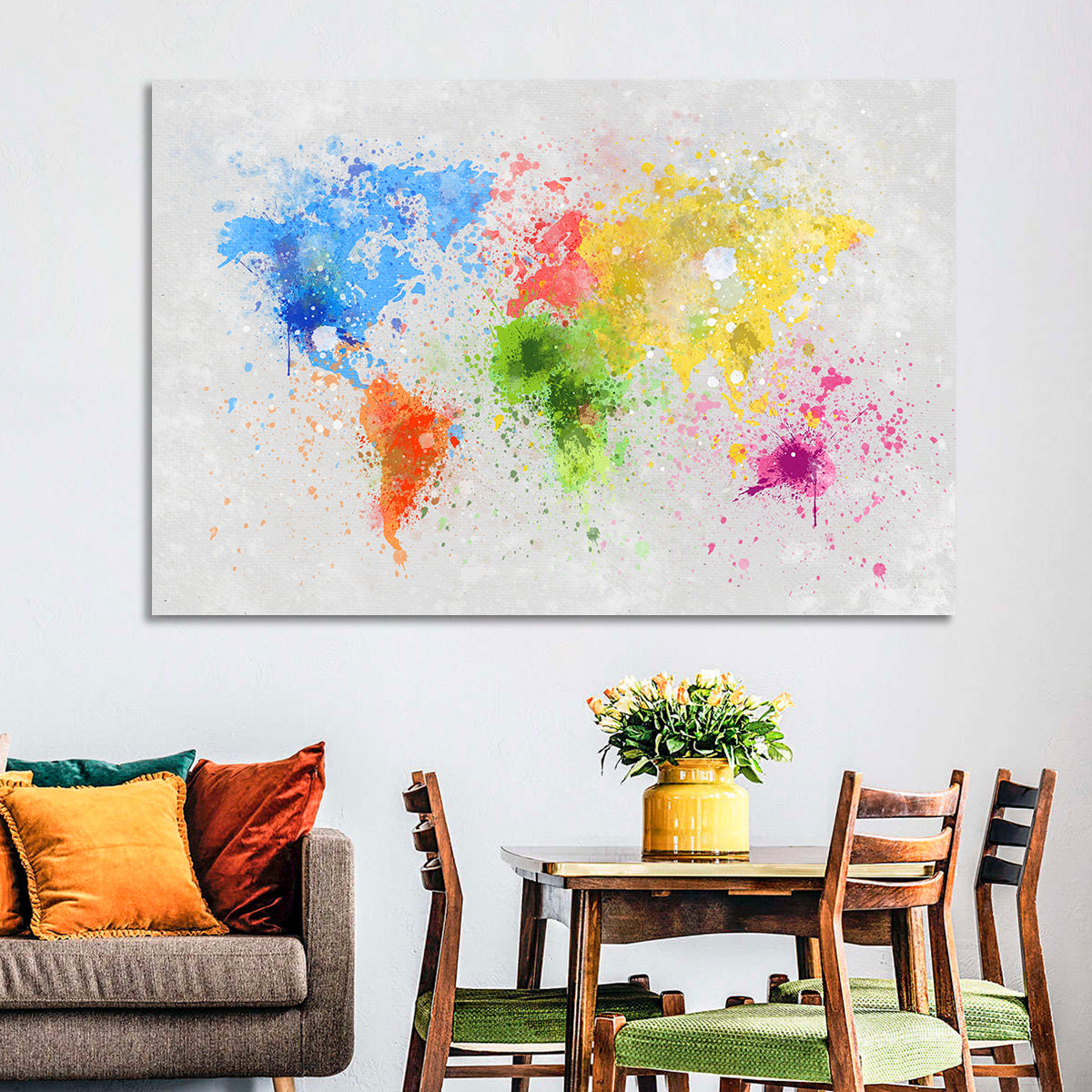 Vibrant Watercolor World Map Wall Art in a room, landscape
