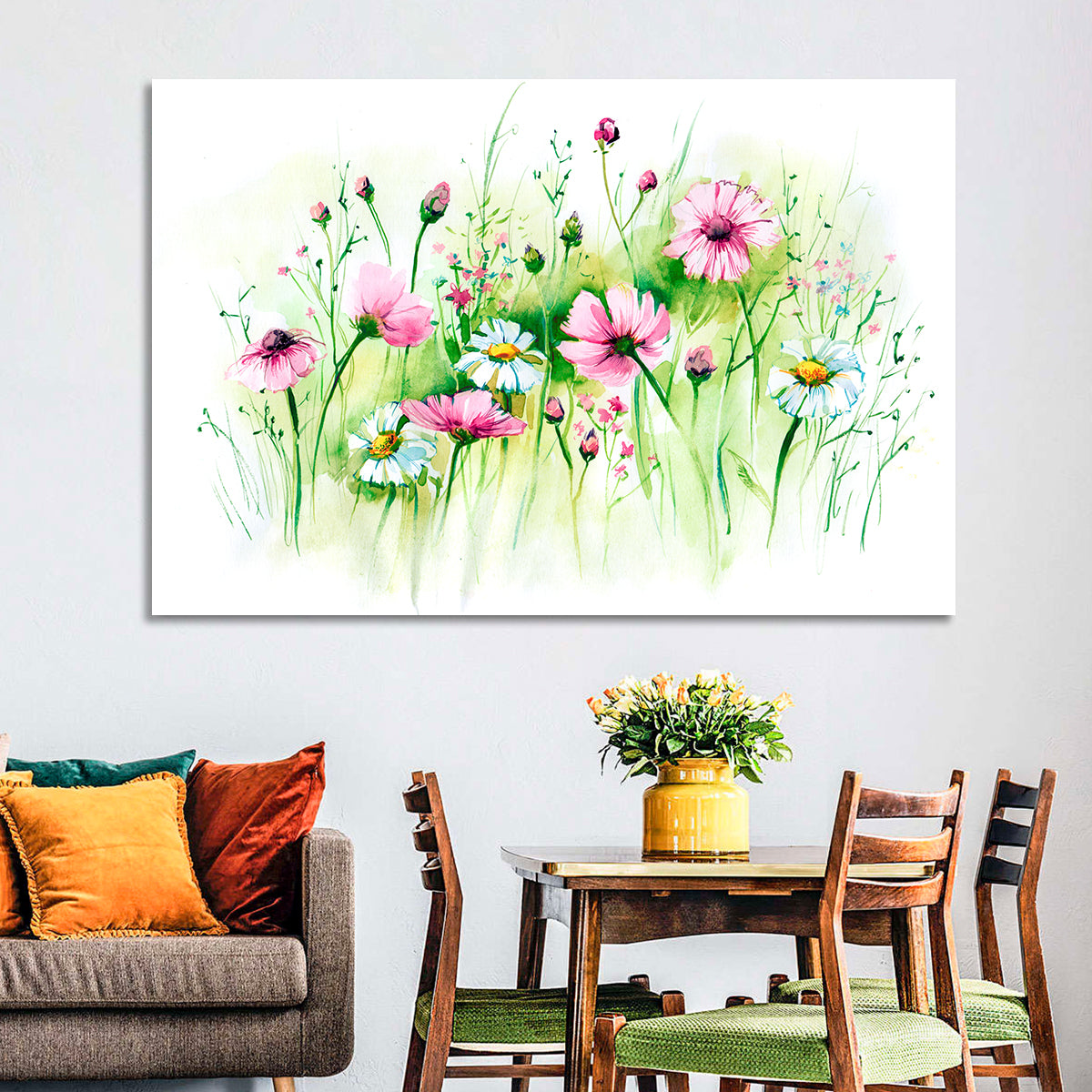 Airy Wildflower Meadow Watercolor Wall Art in a room, landscape