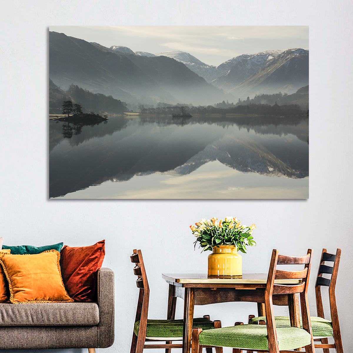 Lake Ullswater Morning Mist Wall Art in a room, landscape