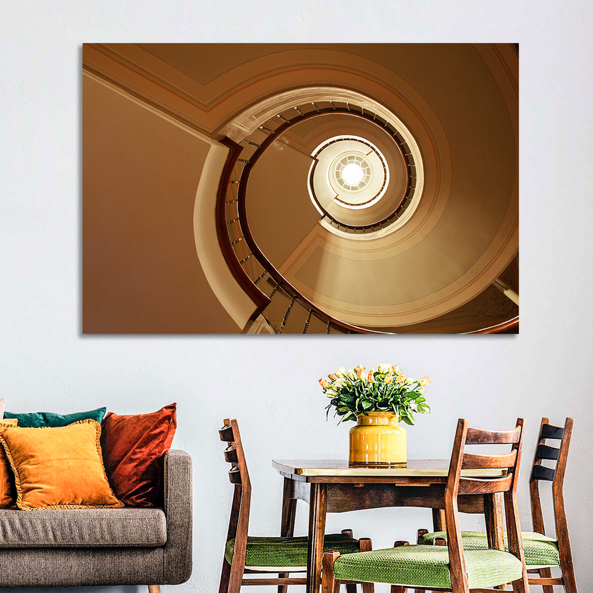 Worms-eye Spiral Staircase Wall Art in a room, landscape