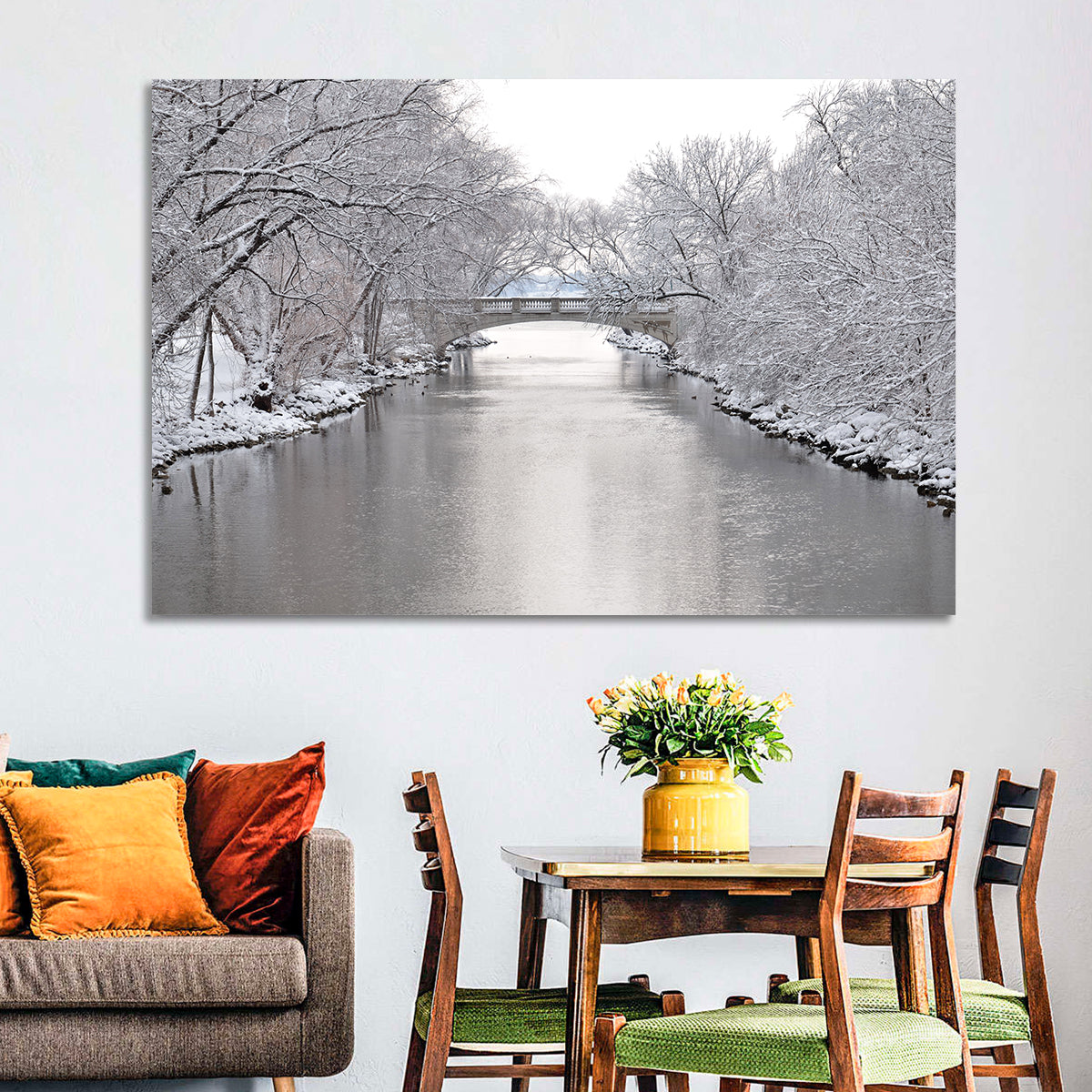 Yahara River Winter Stone Bridge Wall Art in a room, landscape