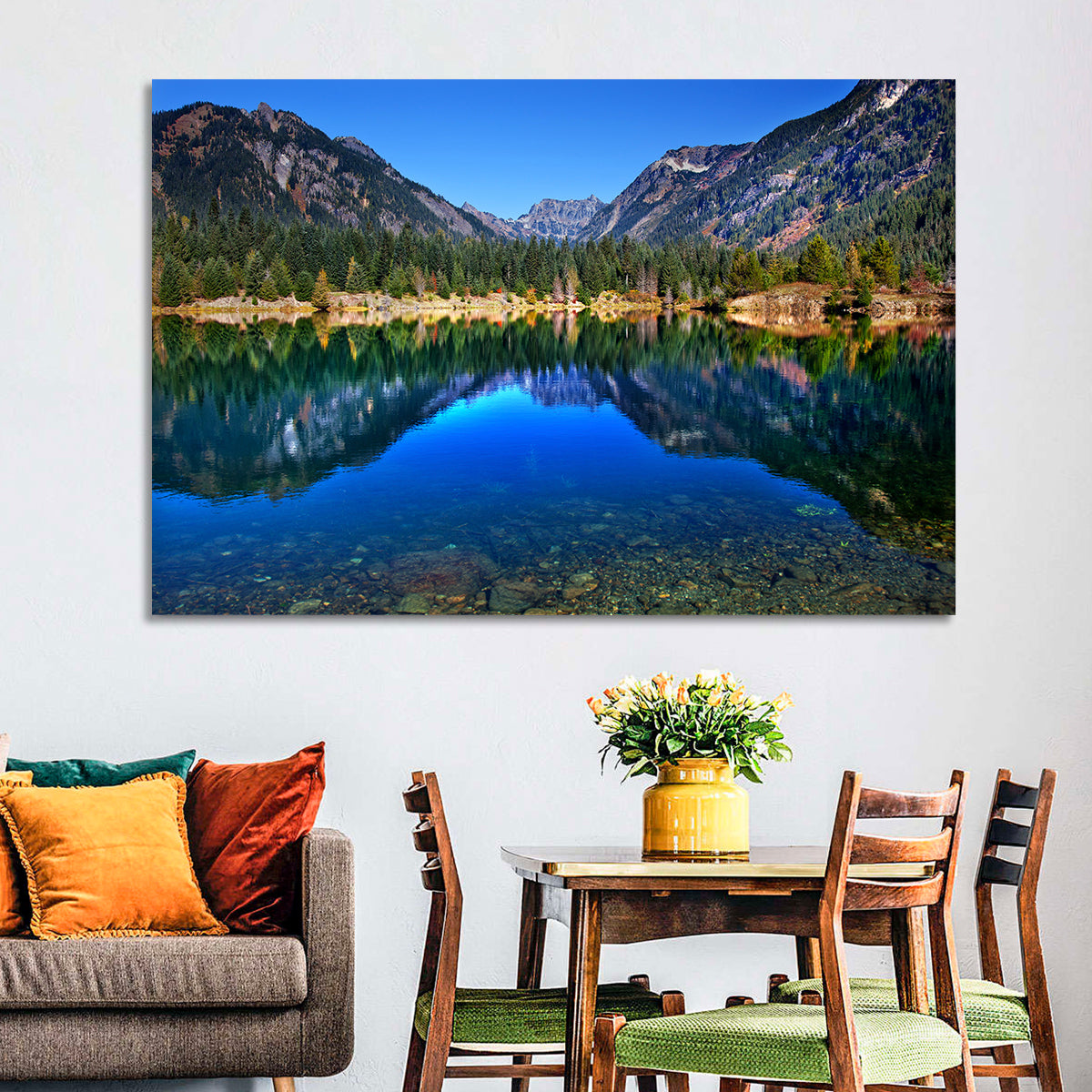 Gold Lake Reflection Wall Art in a room, landscape