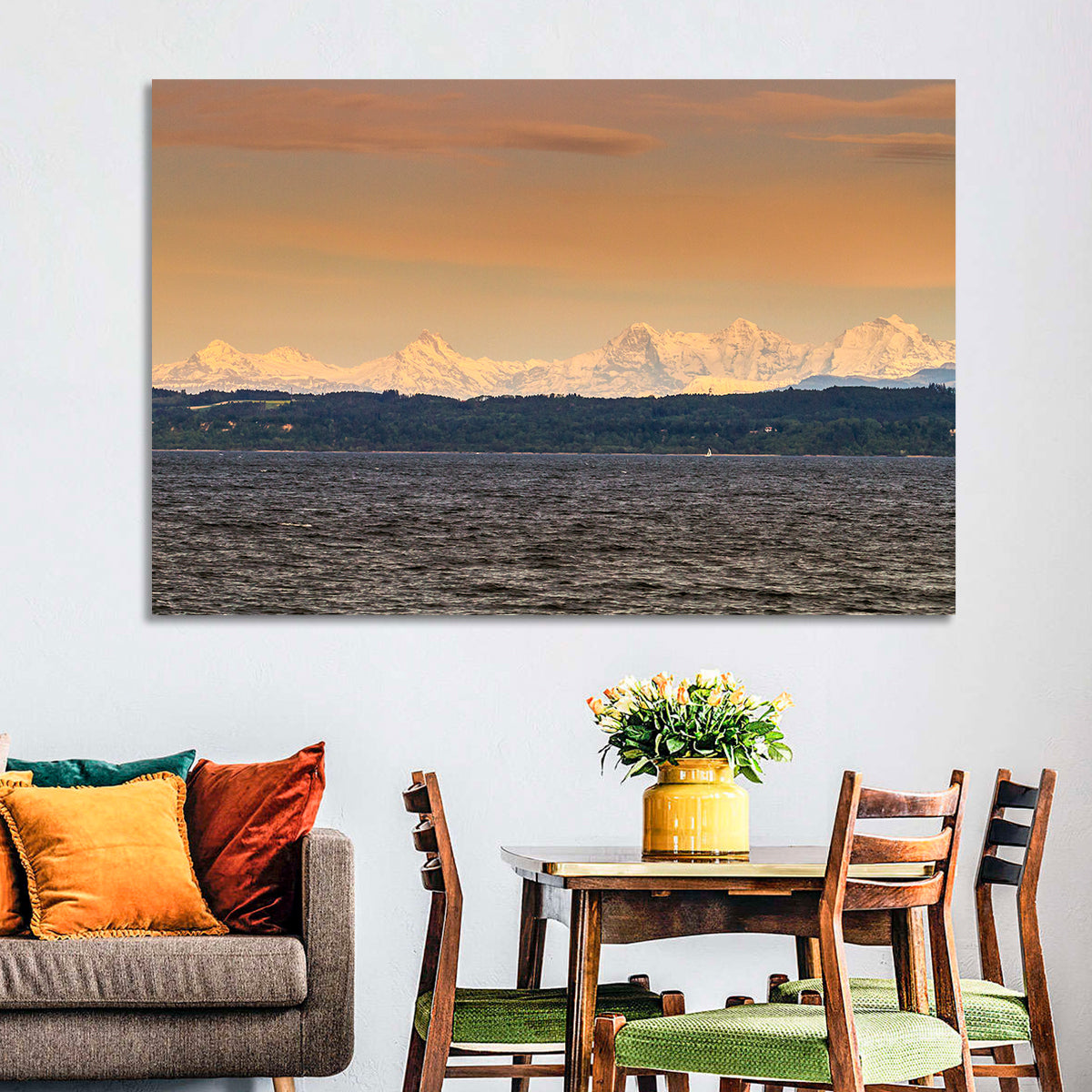 Lake Neuchatel Golden Hour Wall Art in a room, landscape