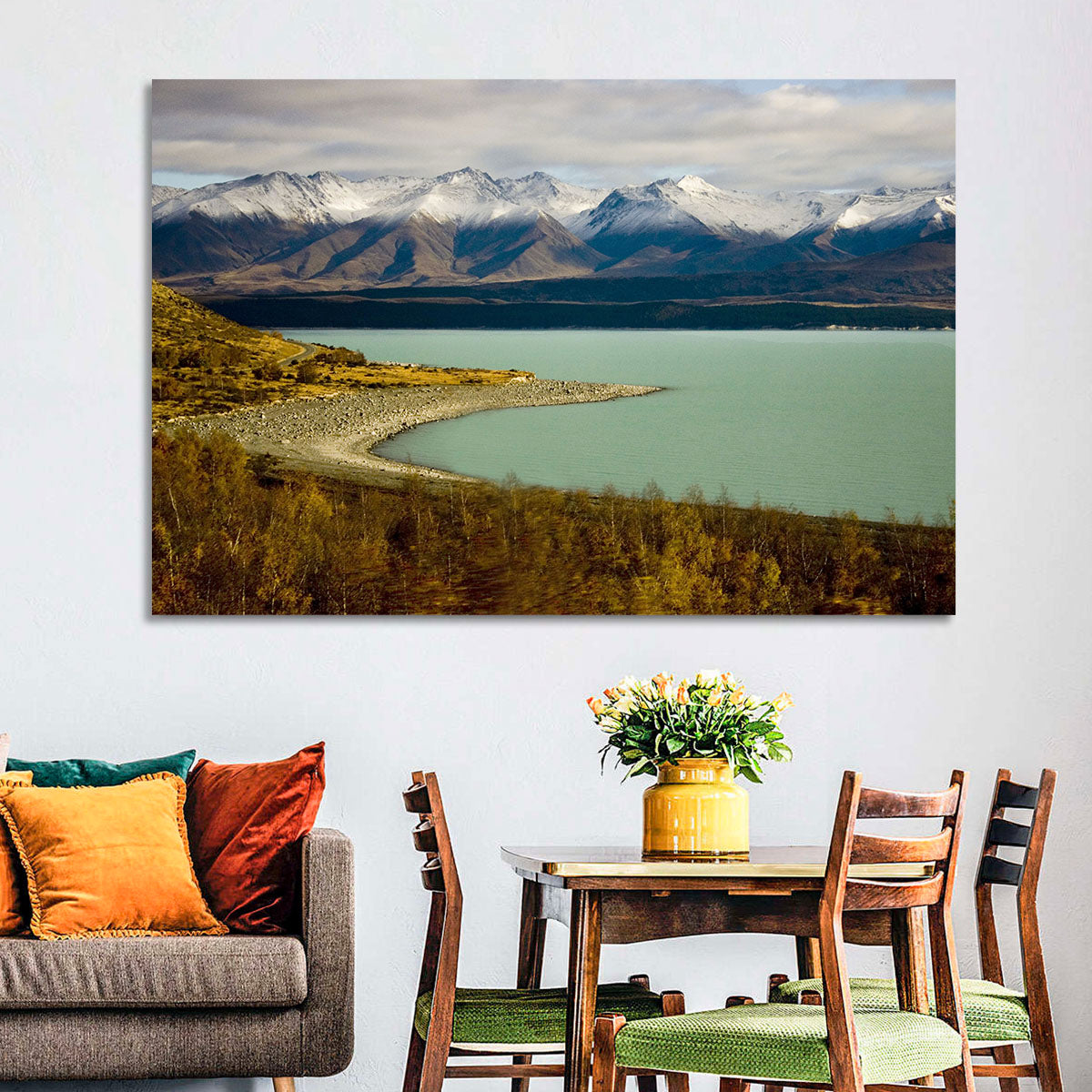 Lake Pukaki Autumn Shoreline Wall Art in a room, landscape