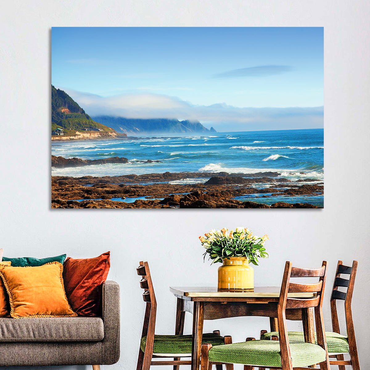 Misty Oregon Coast Tide Pools Wall Art in a room, landscape