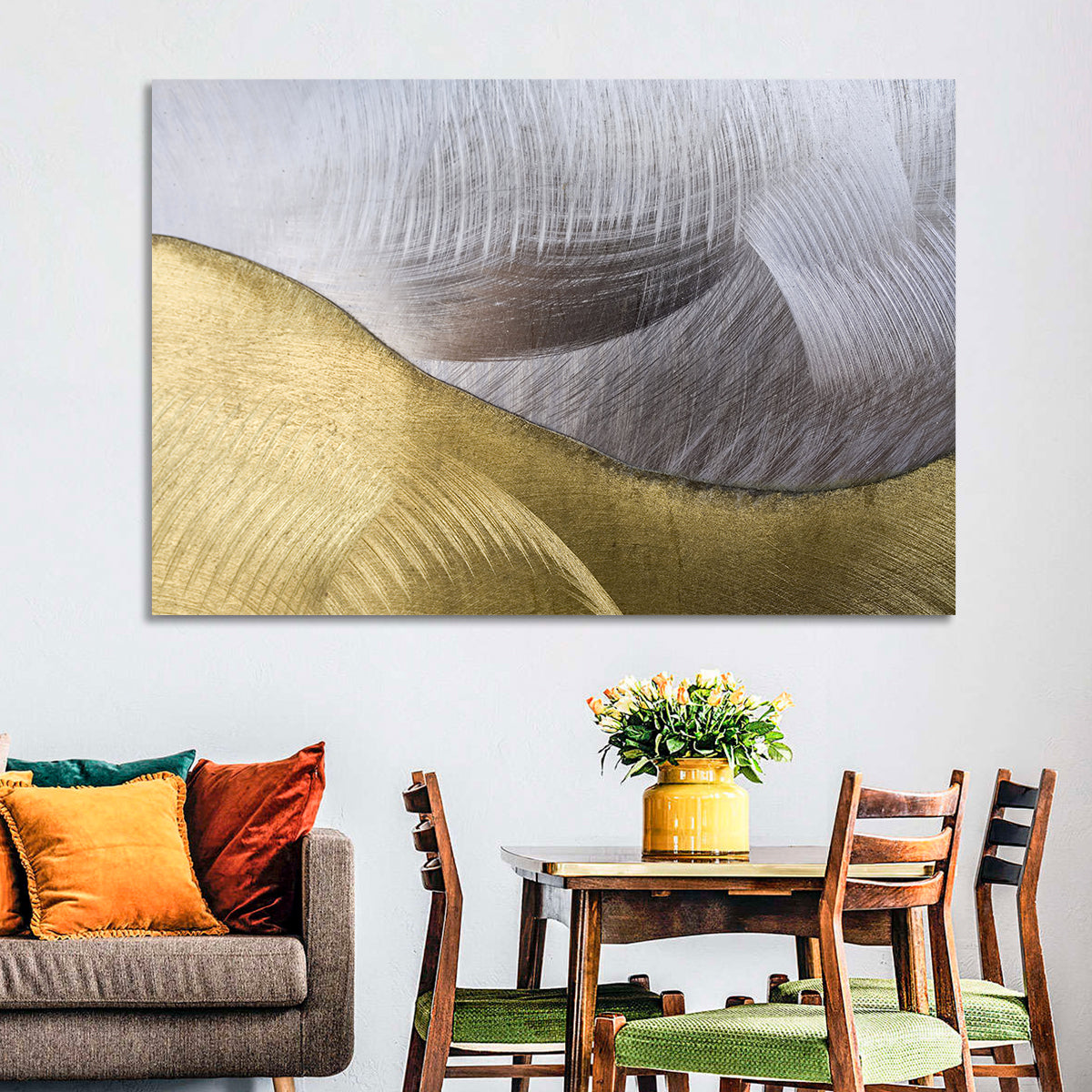 Thin Line Metallic Abstract Wall Art in a room, landscape