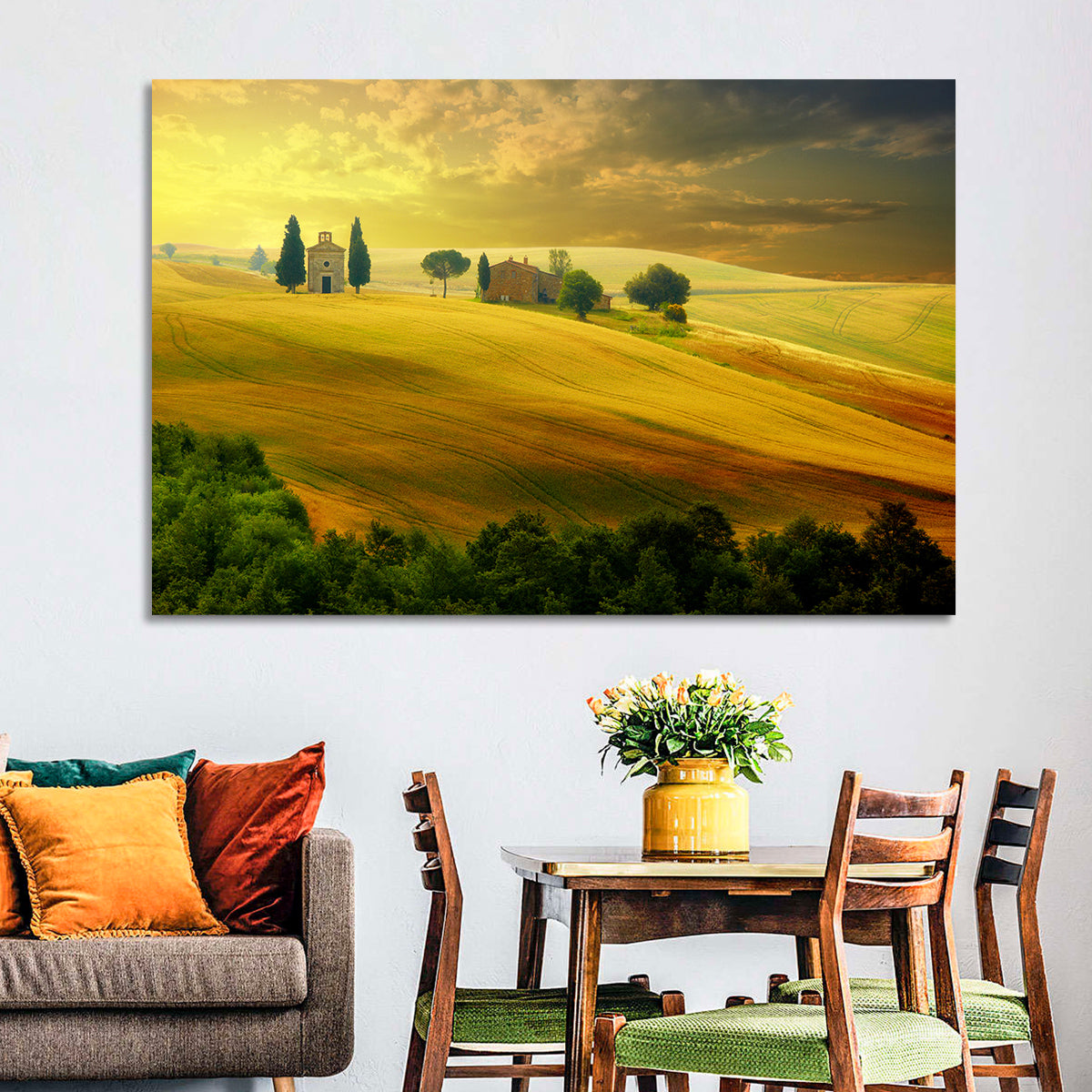 Tuscany Golden Hour Landscape Wall Art in a room, landscape