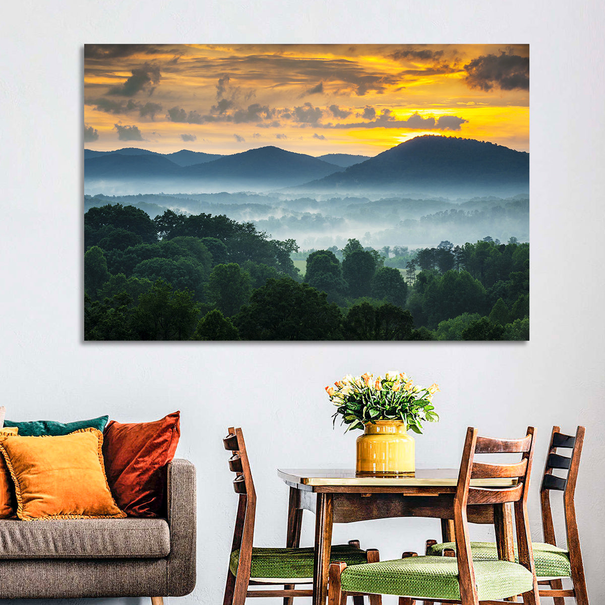 Blue Ridge Mountains Asheville Sunset Wall Art in a room, landscape
