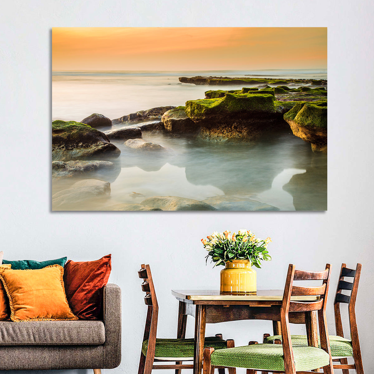Mossy Rocky Coastline at Golden Hour Wall Art in a room, landscape