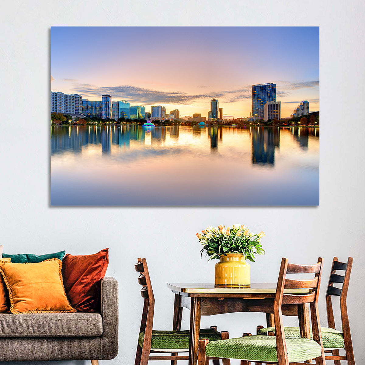 Orlando Skyline at Dusk Wall Art in a room, landscape