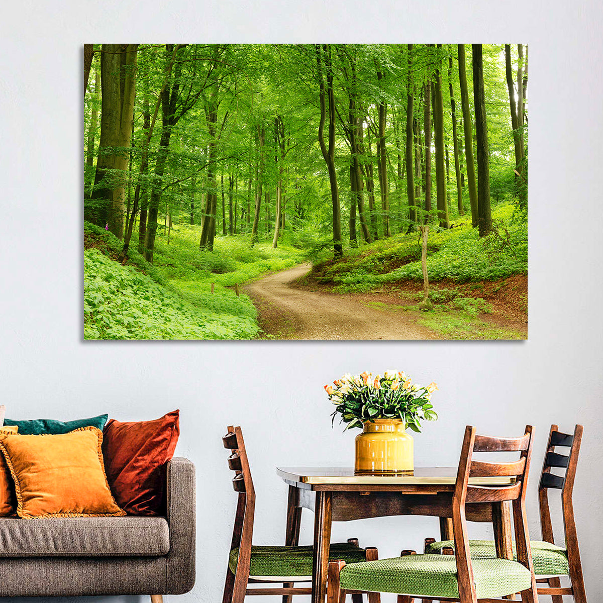 Sunlit Forest Path Wall Art in a room, landscape