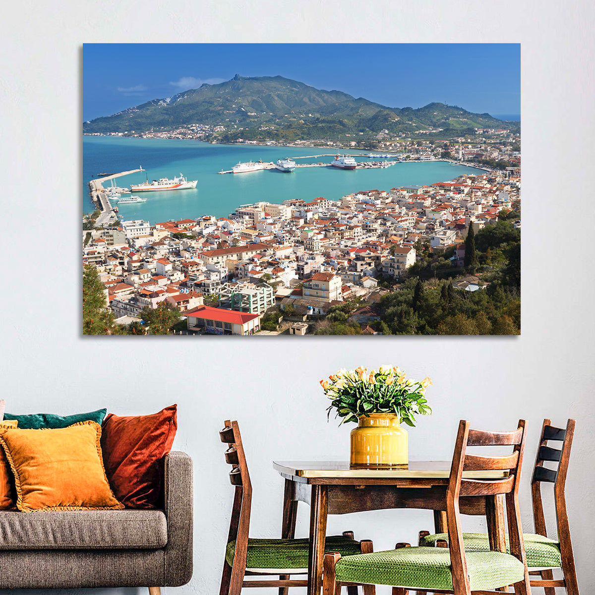 Zakynthos Harbor View Wall Art in a room, landscape