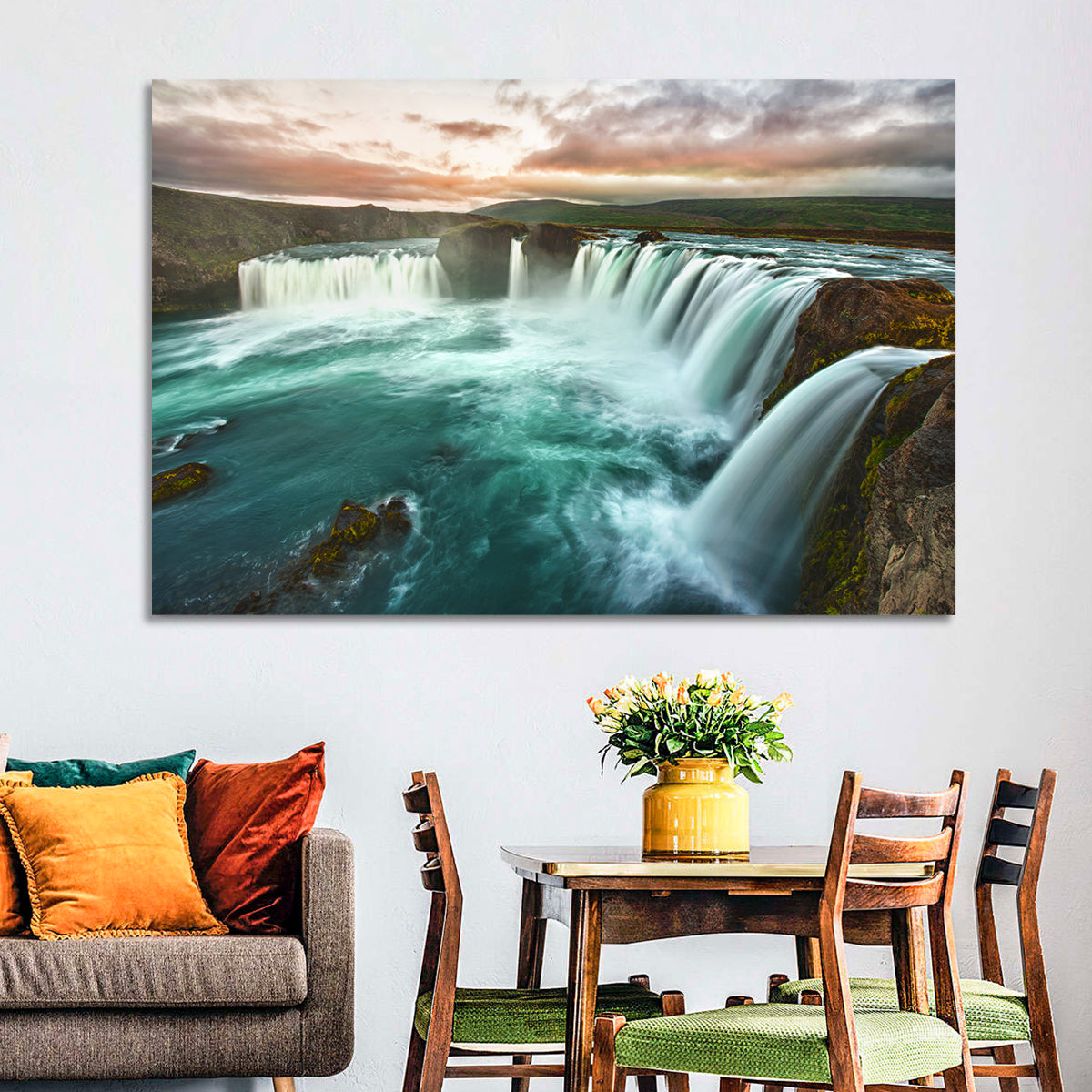 Goðafoss Waterfall at Golden Hour Wall Art in a room, landscape