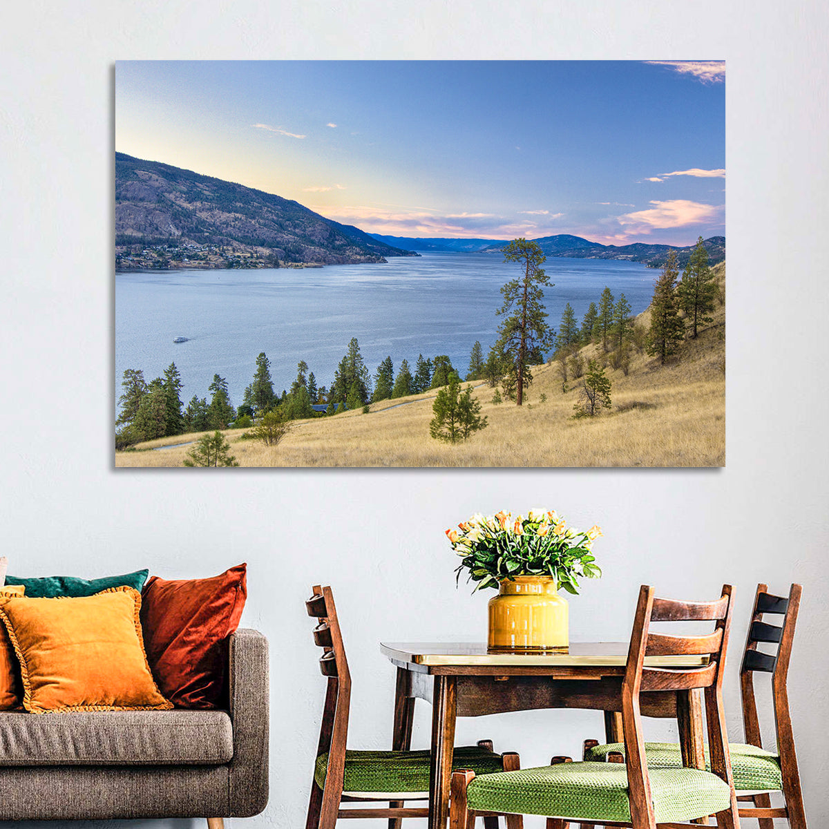 Blue Lake Okanagan Wall Art in a room, landscape