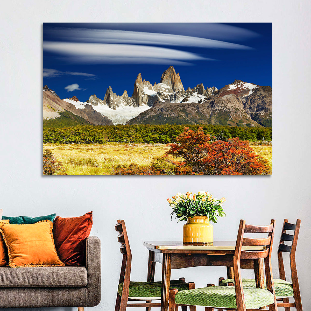 Fitz Roy Peaks, El Chaltén Wall Art in a room, landscape
