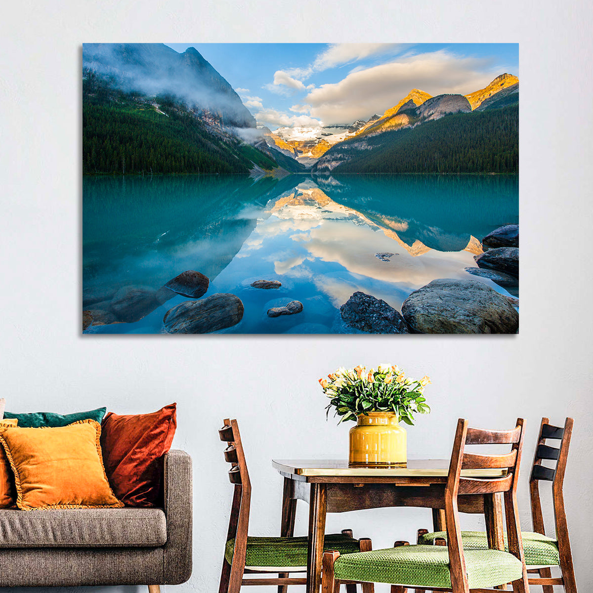 Lake Louise Sunrise Reflection Wall Art in a room, landscape