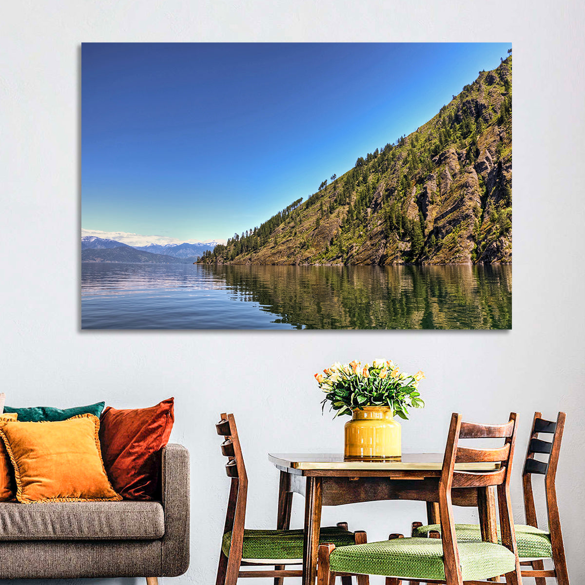 Monarch Mountains Lake Wall Art in a room, landscape