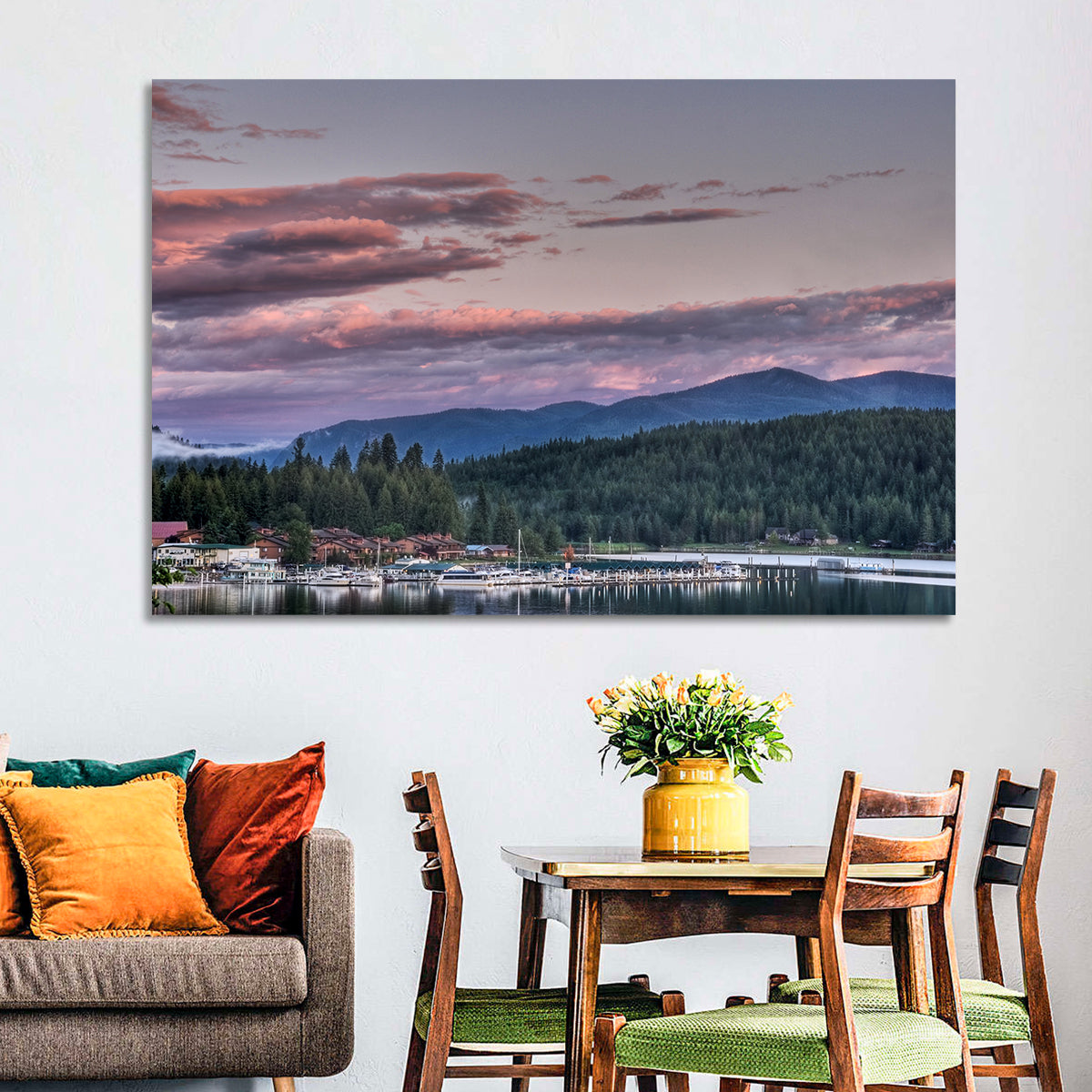 Lake Pend Oreille Twilight Reflection Wall Art in a room, landscape