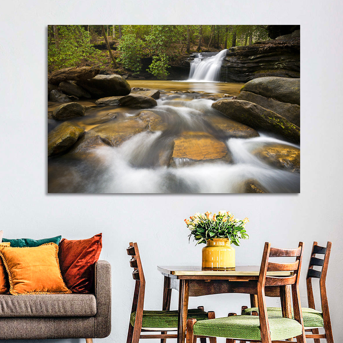 South Carolina Forest Waterfall Wall Art in a room, landscape