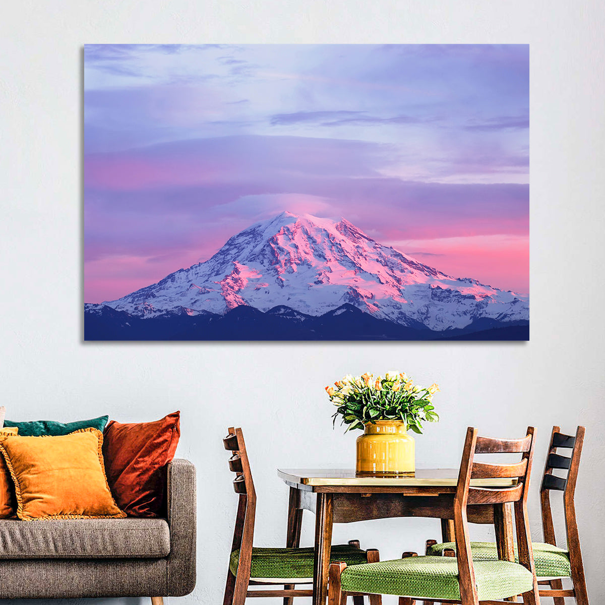 Mount Rainier Alpenglow with Lenticular Cloud Wall Art in a room, landscape