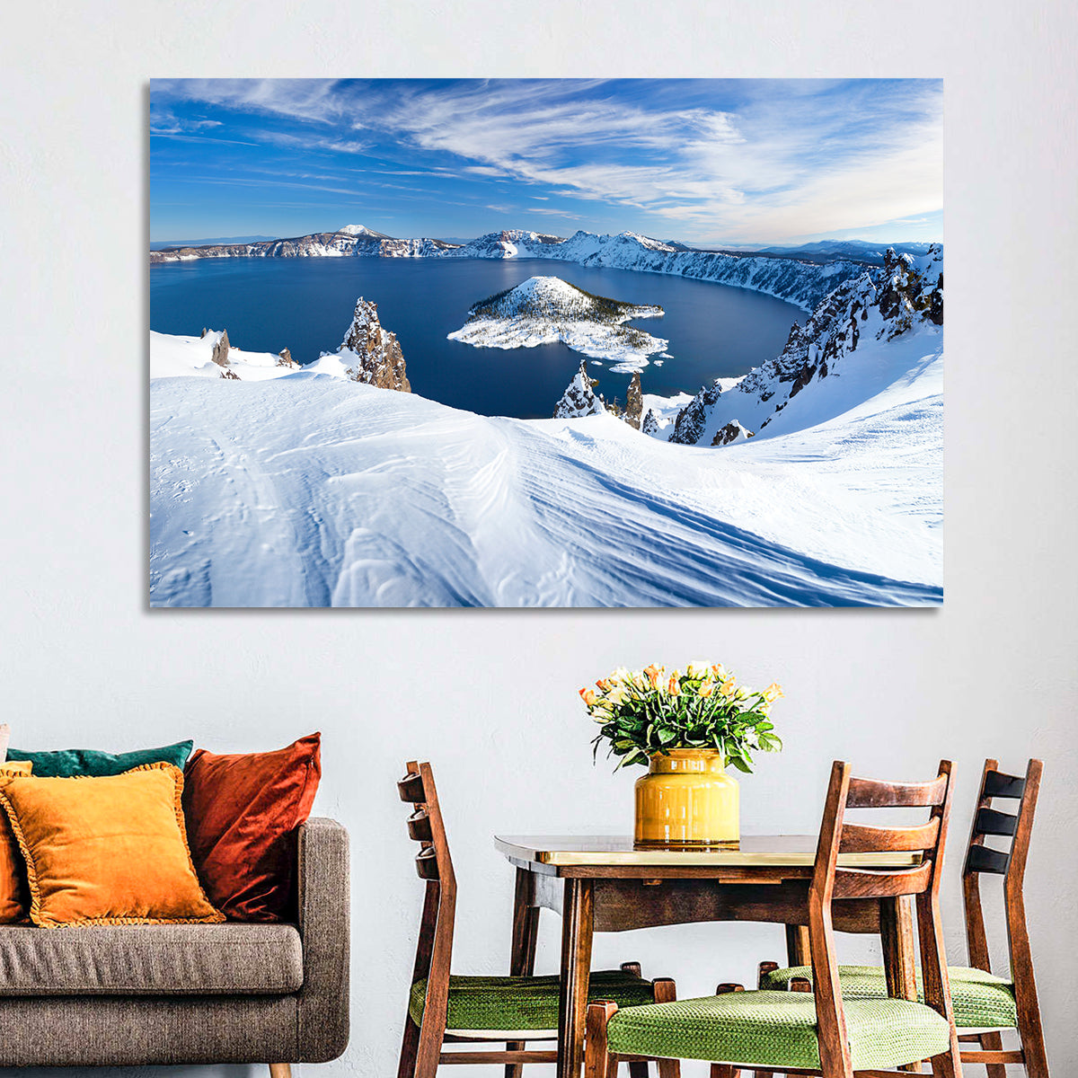 Crater Lake with Wizard Island Wall Art in a room, landscape