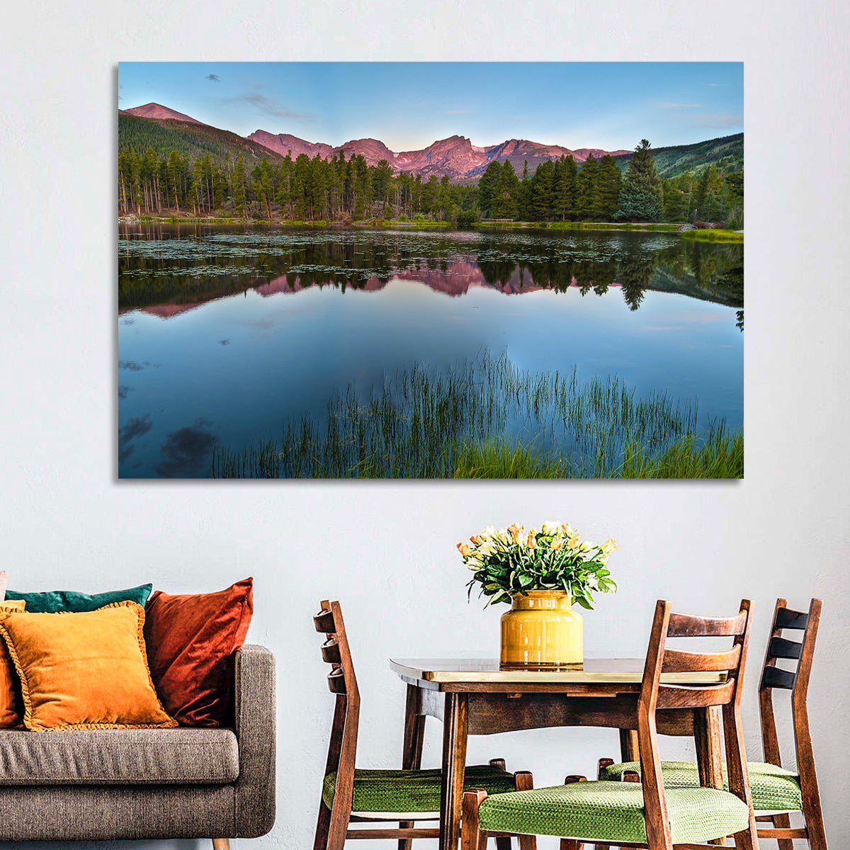 Sprague Lake Reflection Wall Art in a room, landscape