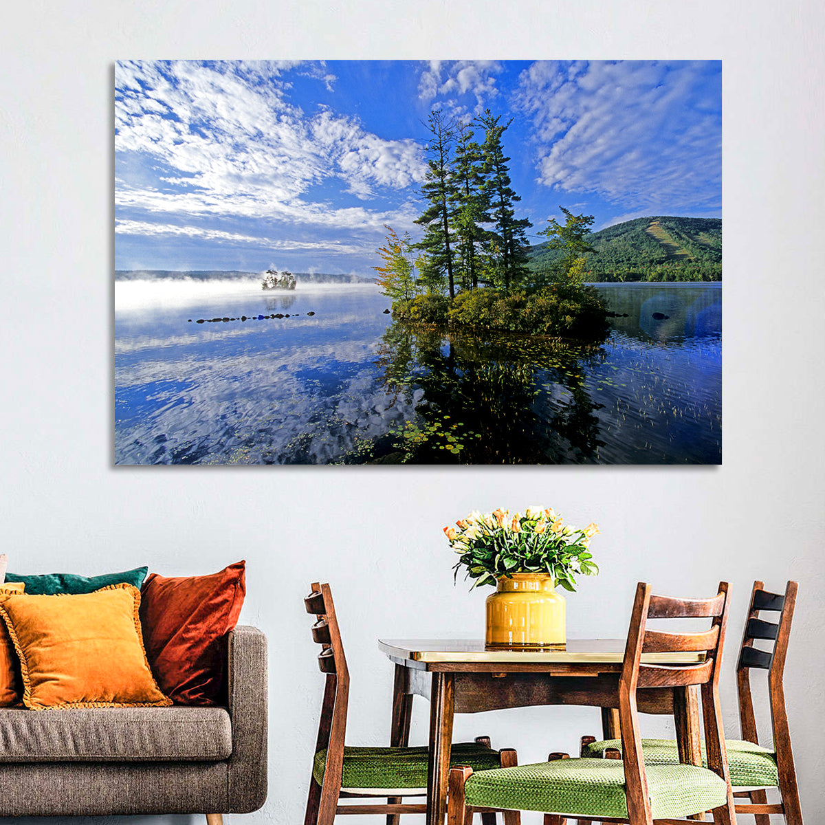 Misty Maine Lake Wall Art in a room, landscape