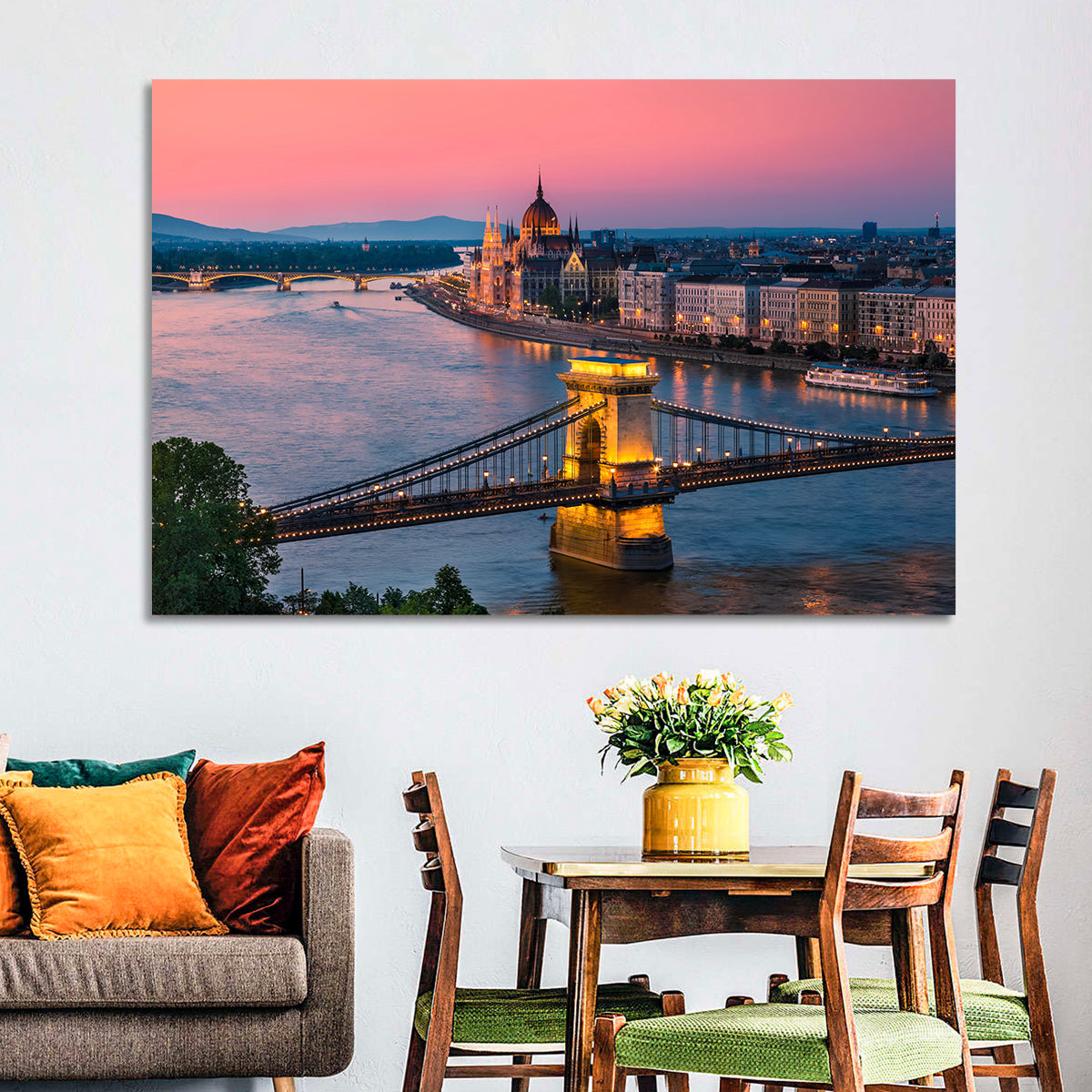 Budapest Chain Bridge at Twilight Wall Art in a room, landscape