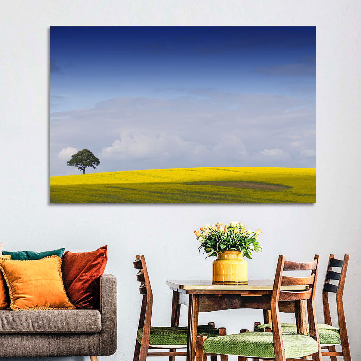 Solitary Tree Over Rapeseed Field Wall Art in a room, landscape