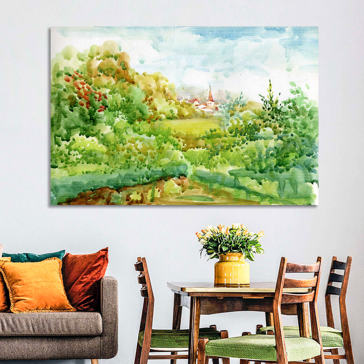 Red Steeple Village Watercolor Wall Art