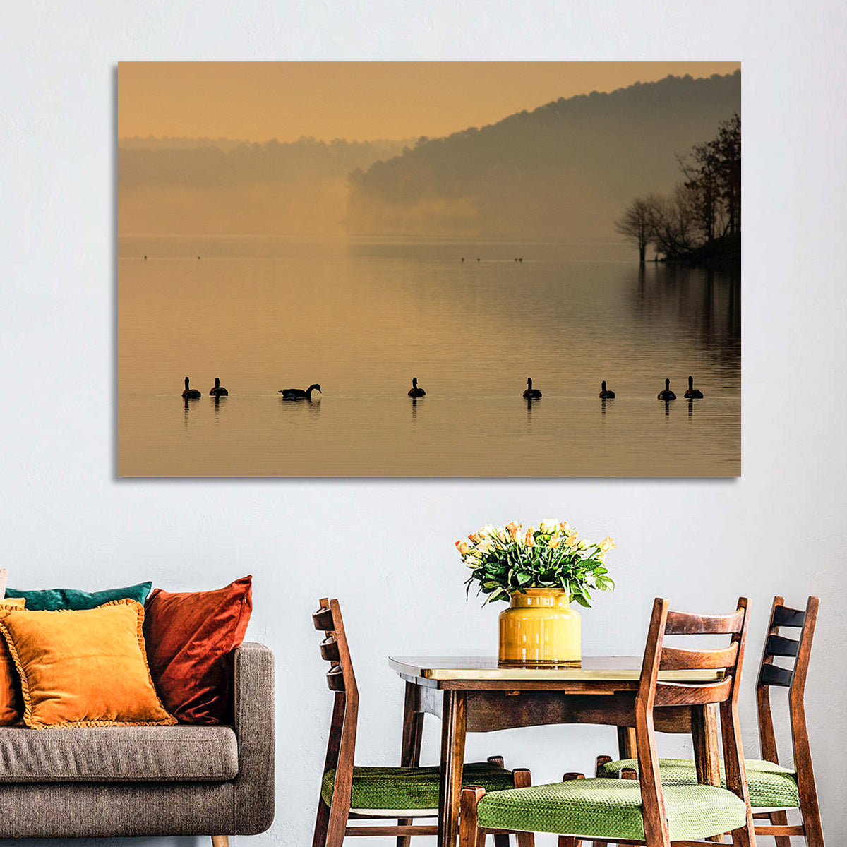 Lake Degray Geese Silhouette Wall Art in a room, landscape