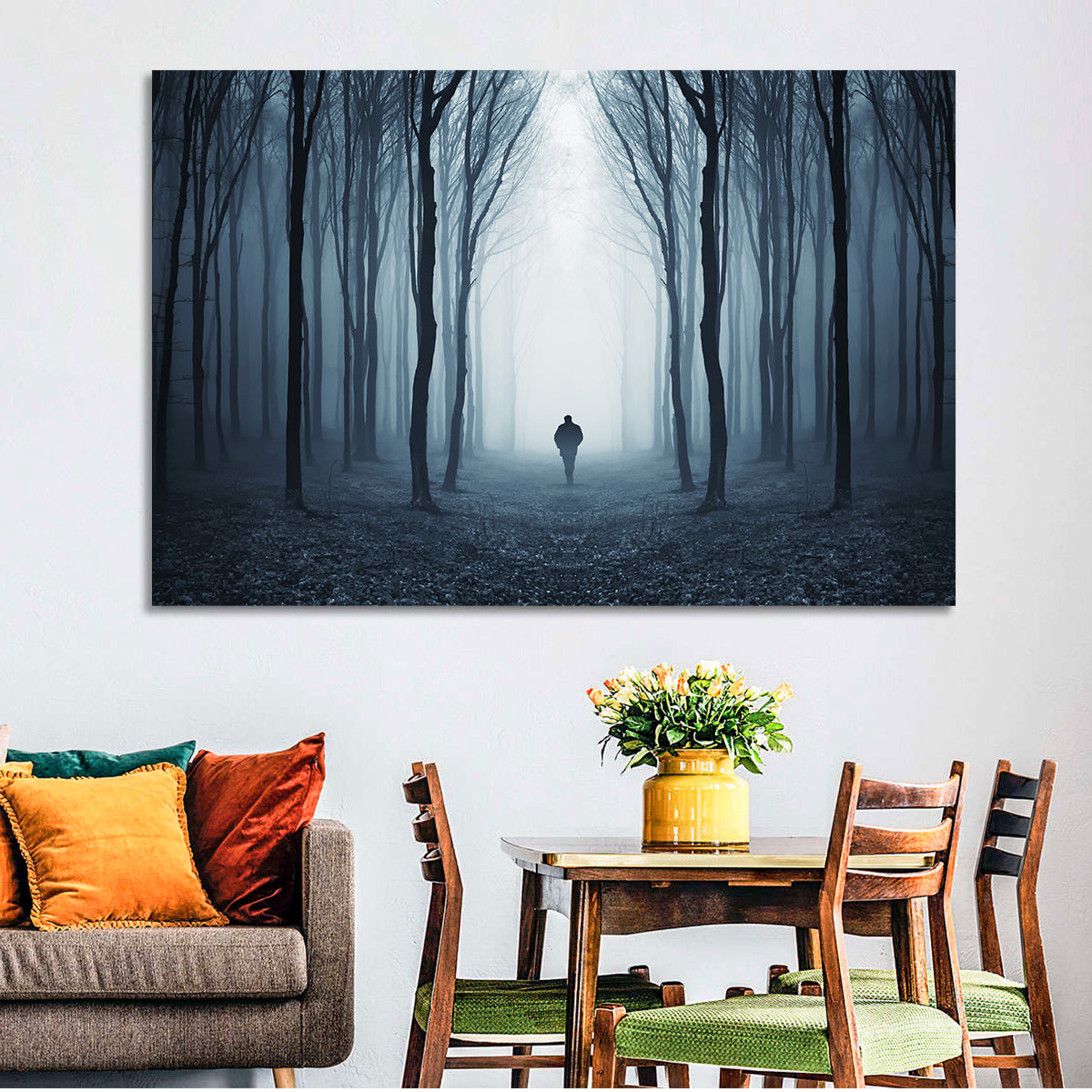 Lone Figure in Misty Forest Wall Art in a room, landscape