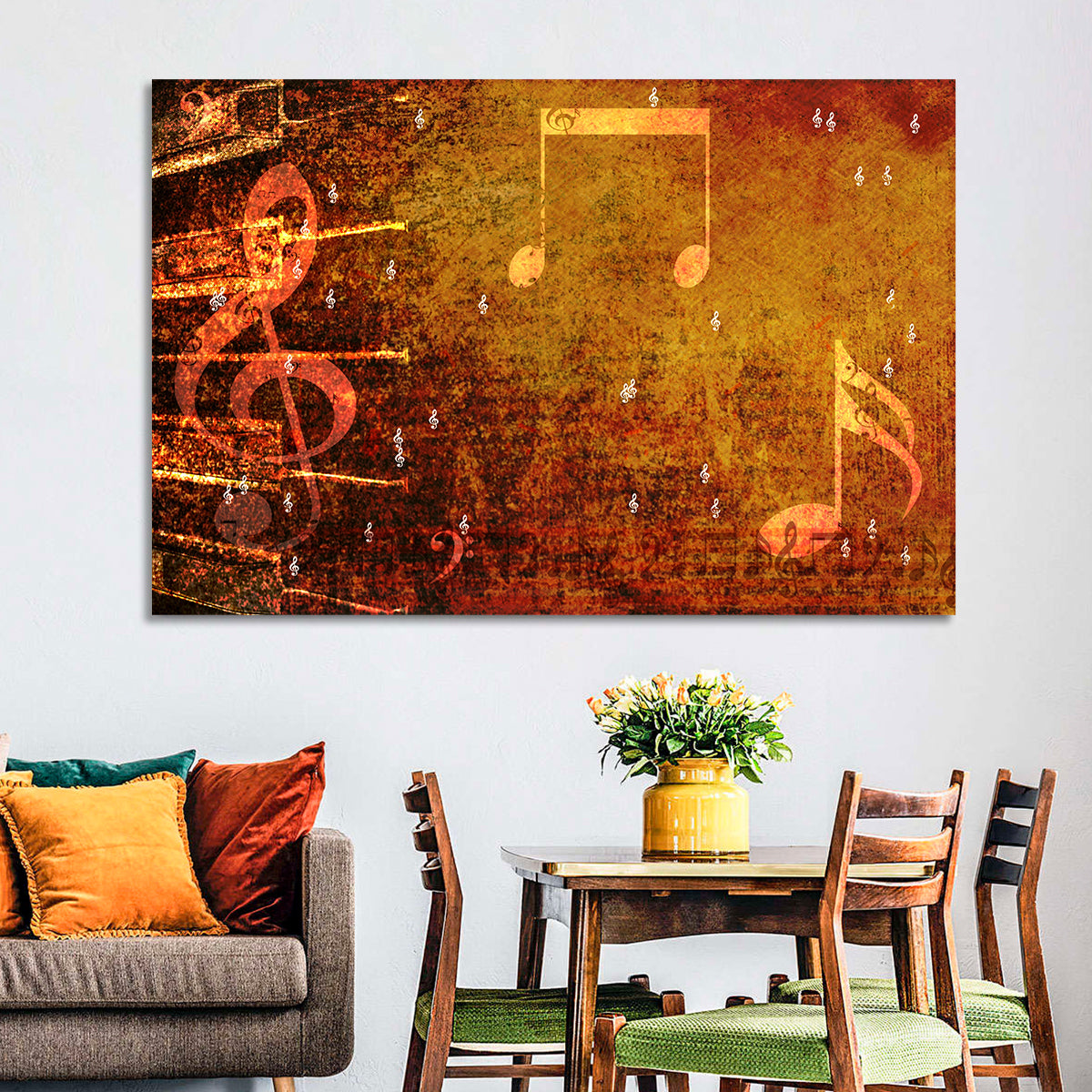 Grunge Sheet Music Collage Wall Art in a room, landscape