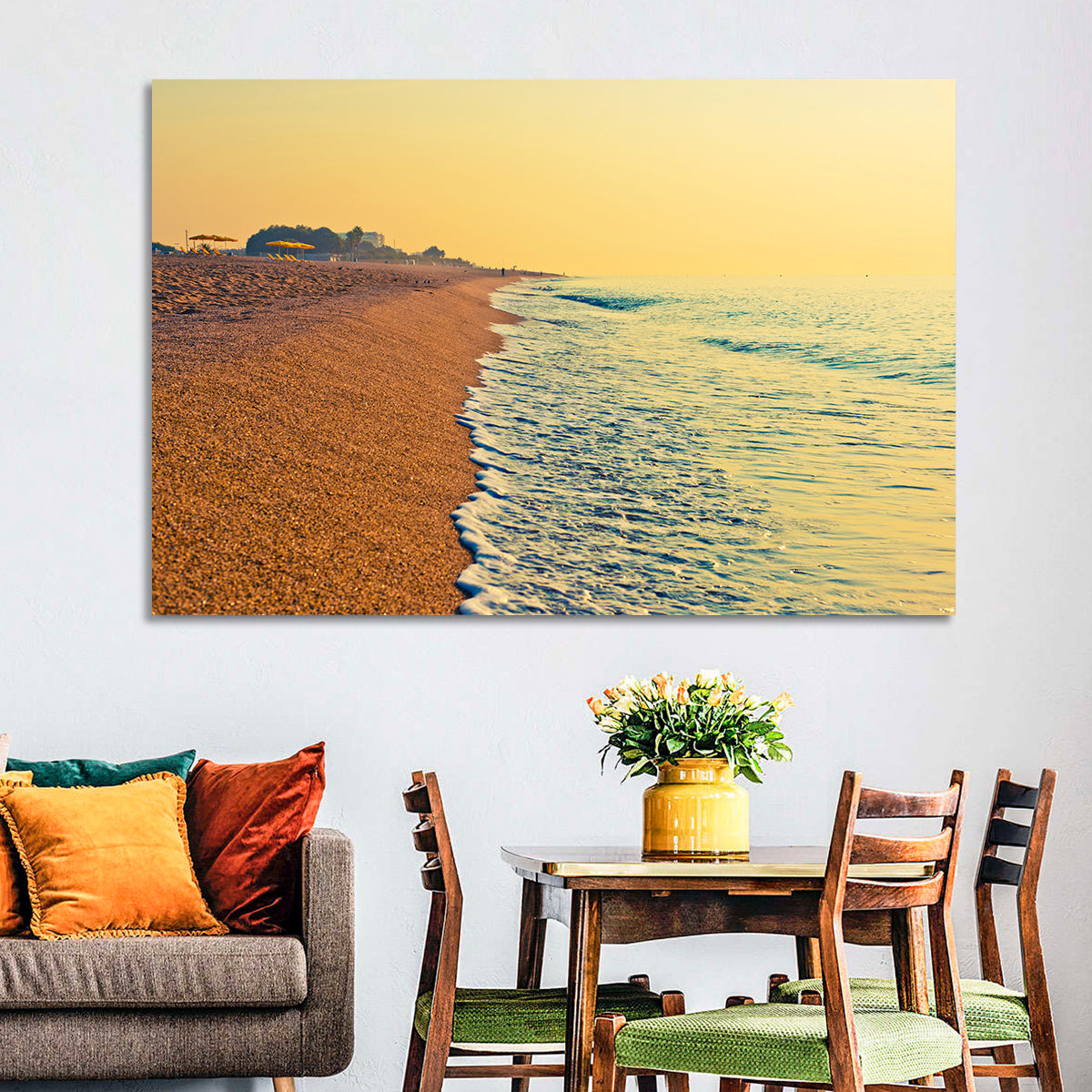Tranquil Beach Sunrise Wall Art in a room, landscape