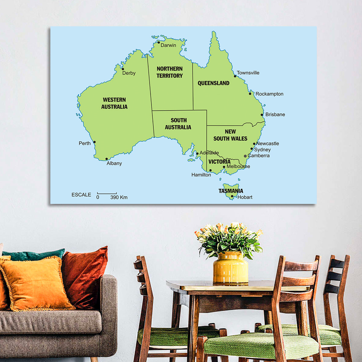 Minimalist Australia Map with State Labels Wall Art in a room, landscape