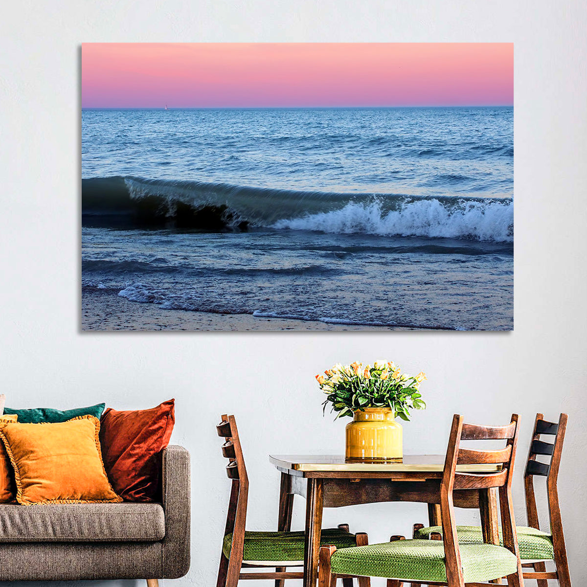 Lake Michigan Sunset with Sailboat Wall Art in a room, landscape