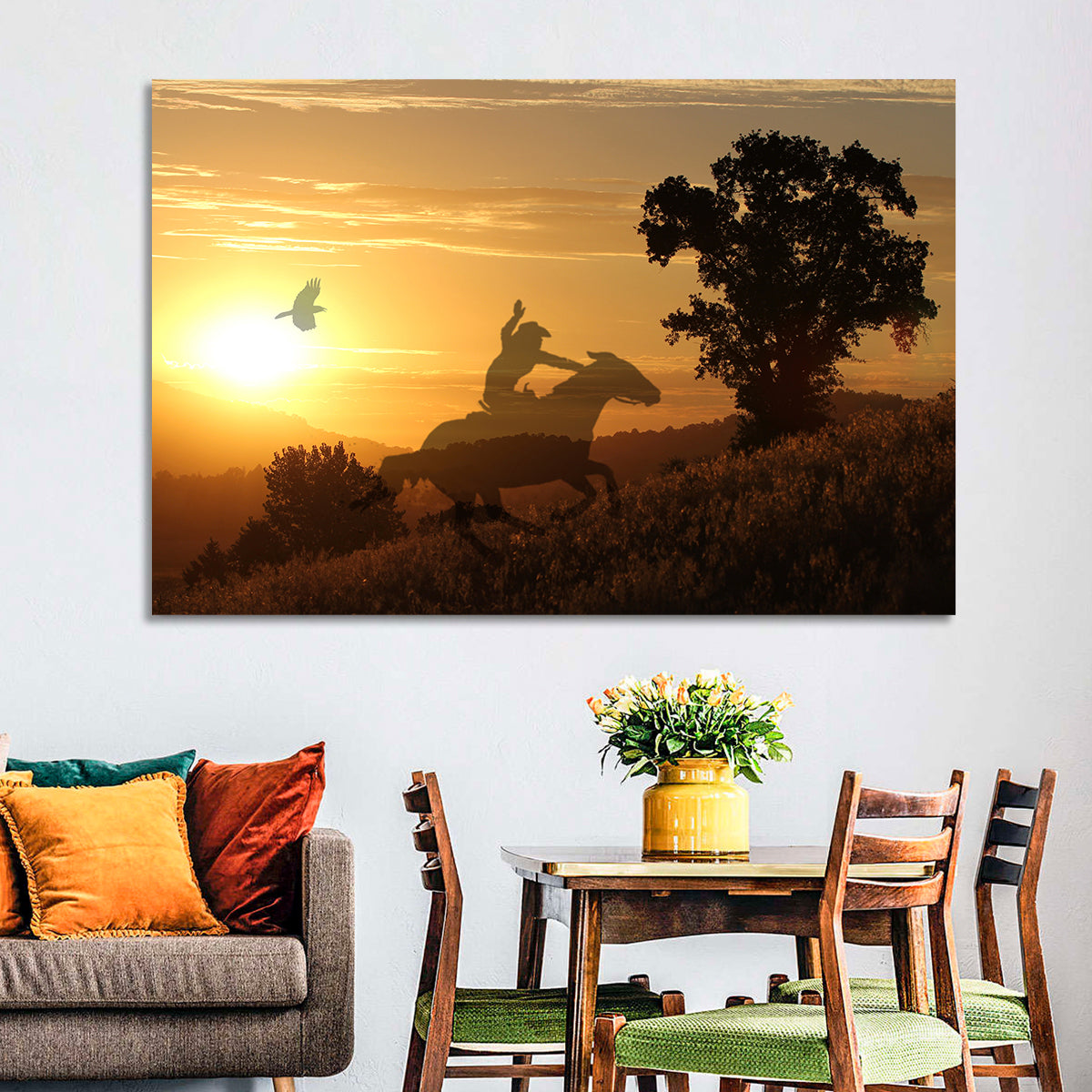 Cowboy Silhouette at Golden Sunset Wall Art in a room, landscape