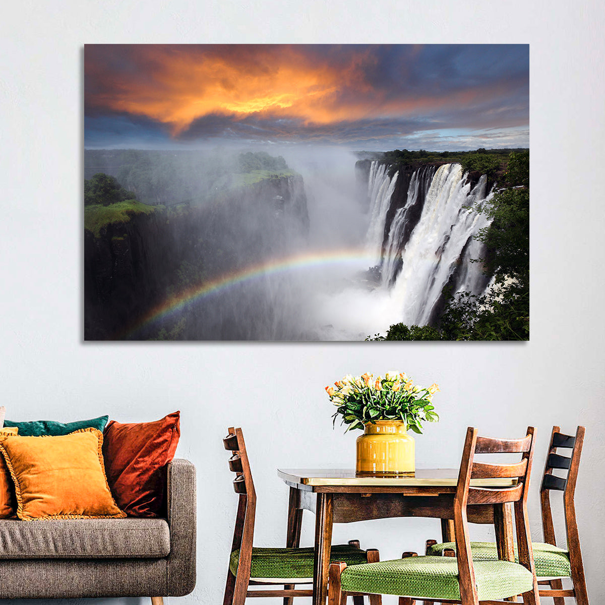 Victoria Falls Rainbow at Dusk Wall Art in a room, landscape