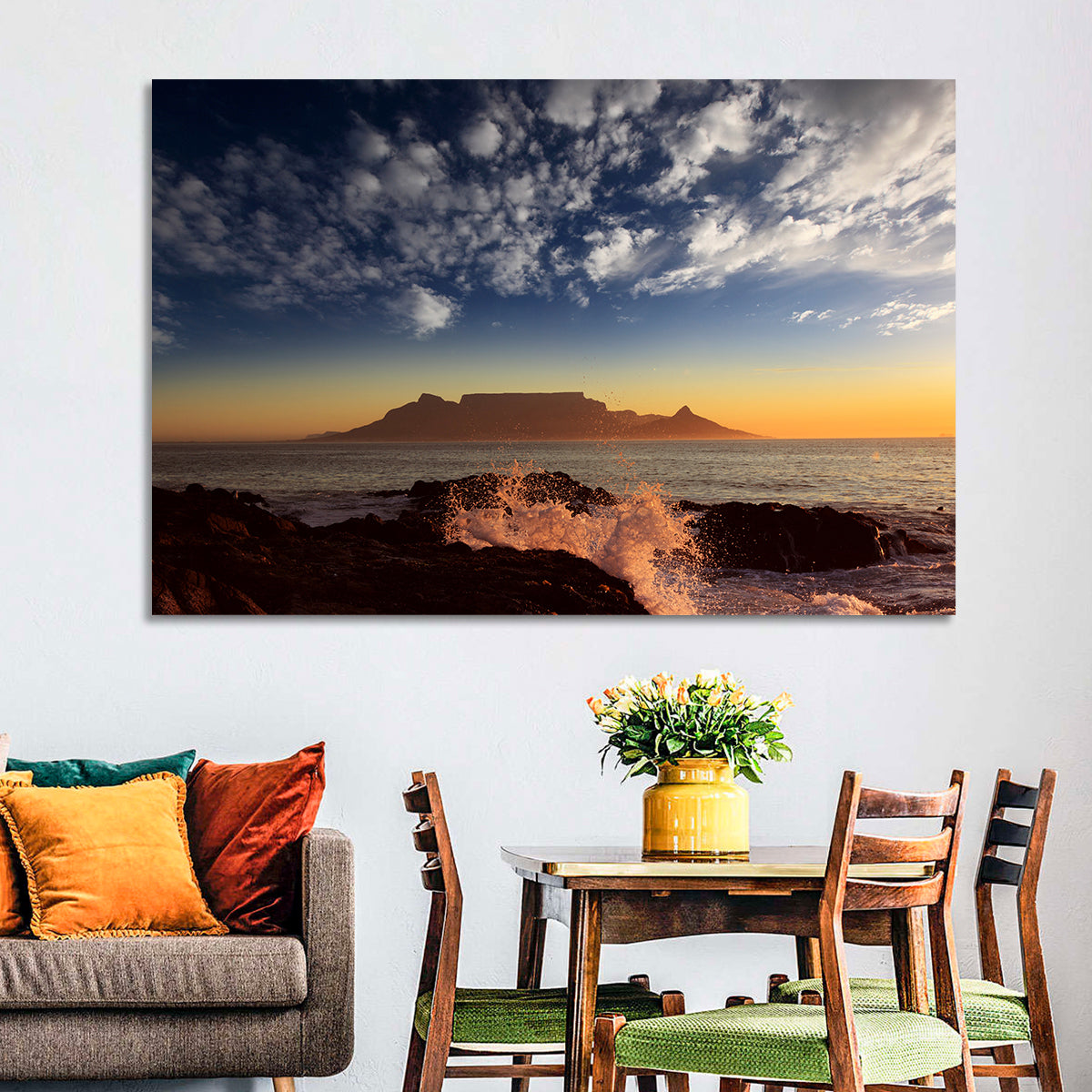 Table Mountain Sunset Silhouette Wall Art in a room, landscape