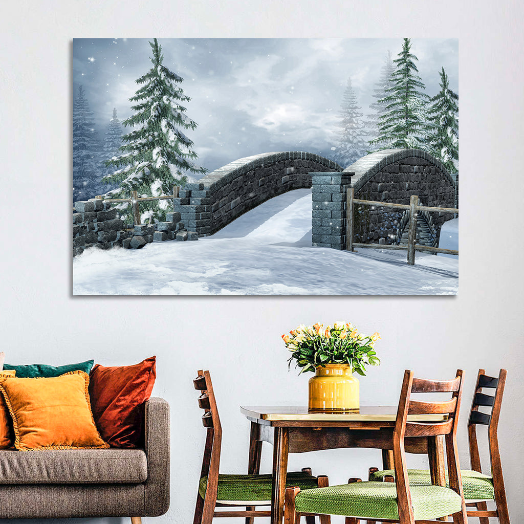 Snowy Stone Bridge in Winter Forest Wall Art