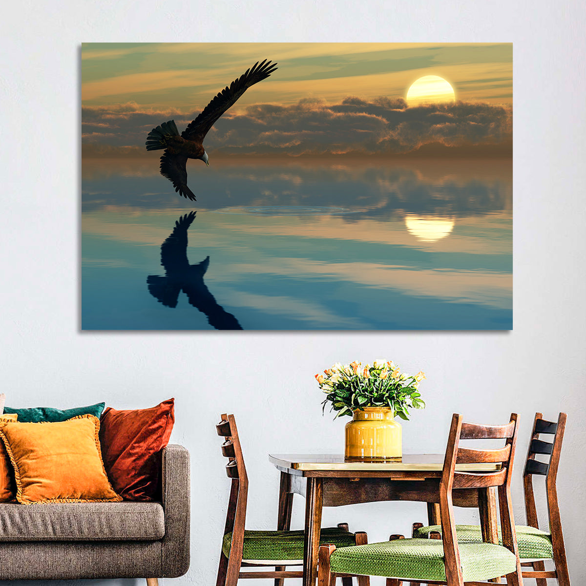 Bald Eagle Sunset Reflection Wall Art in a room, landscape