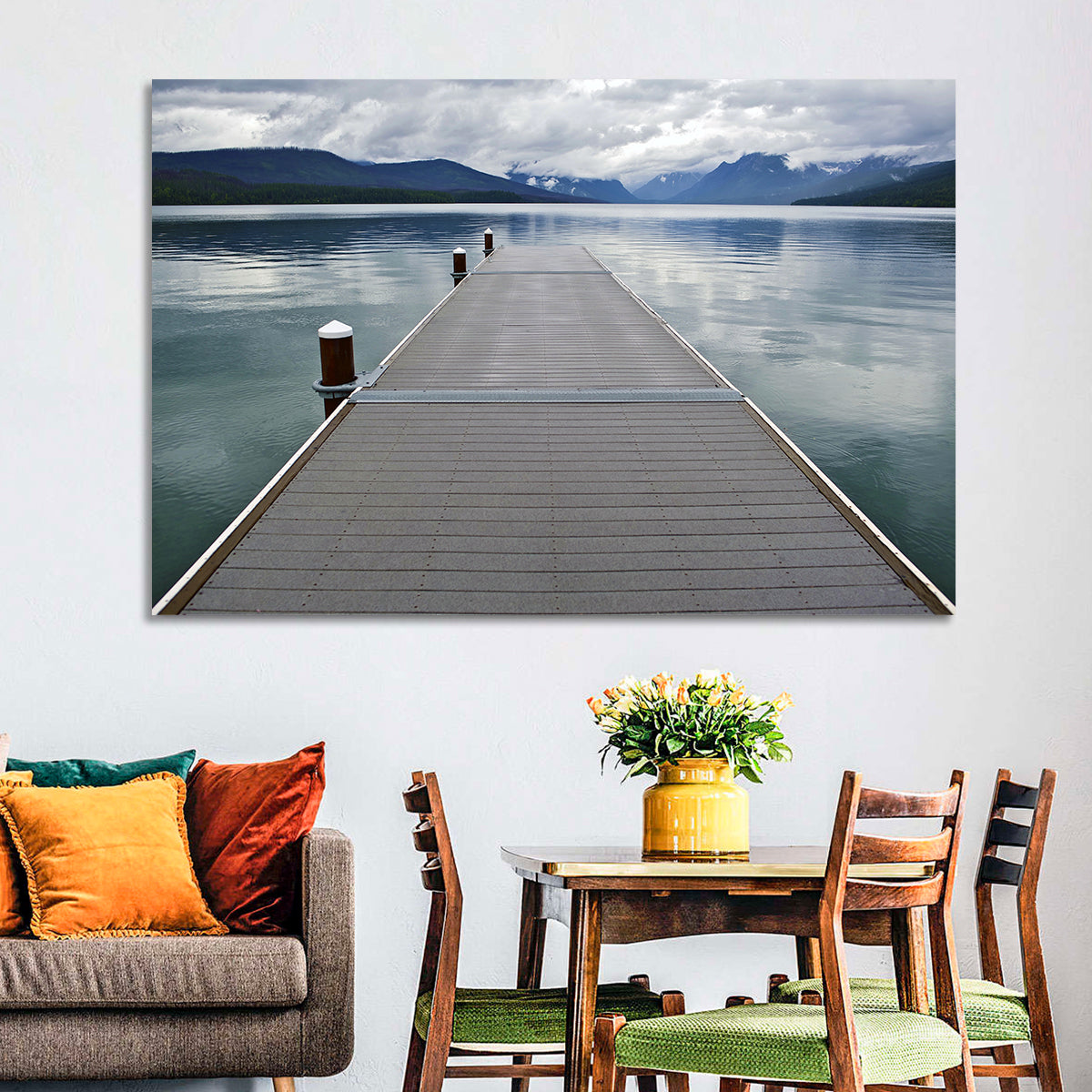 Lake Mcdonald Wooden Dock Wall Art in a room, landscape